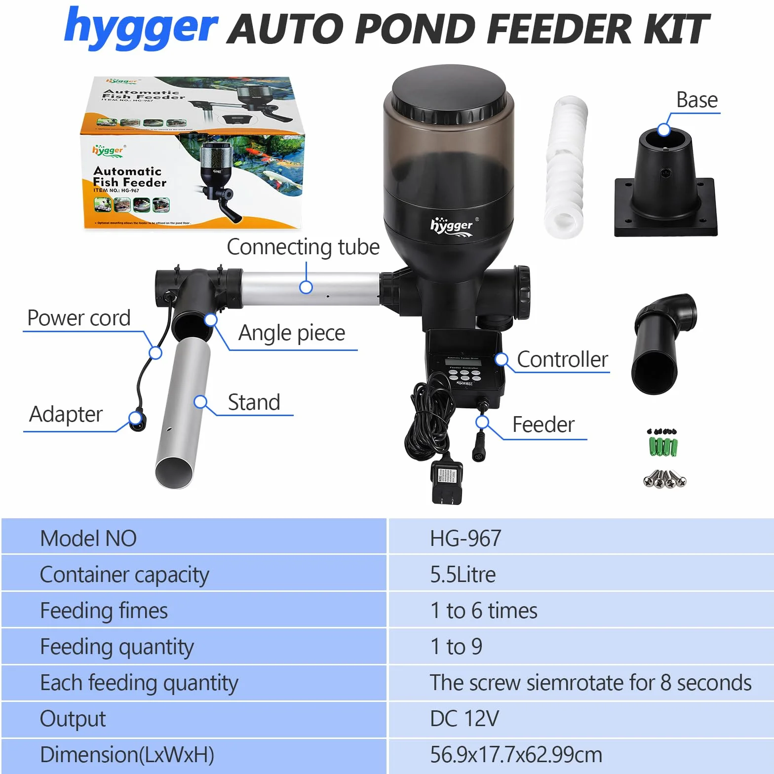 hygger Mangiatoia Automatica,Large Programmabile Alimentatore Automatico per Pesci con LCD Display Controller,Distributore Automatico 5.5 litris Pond Fish Feeder Koi for Weekend Holiday