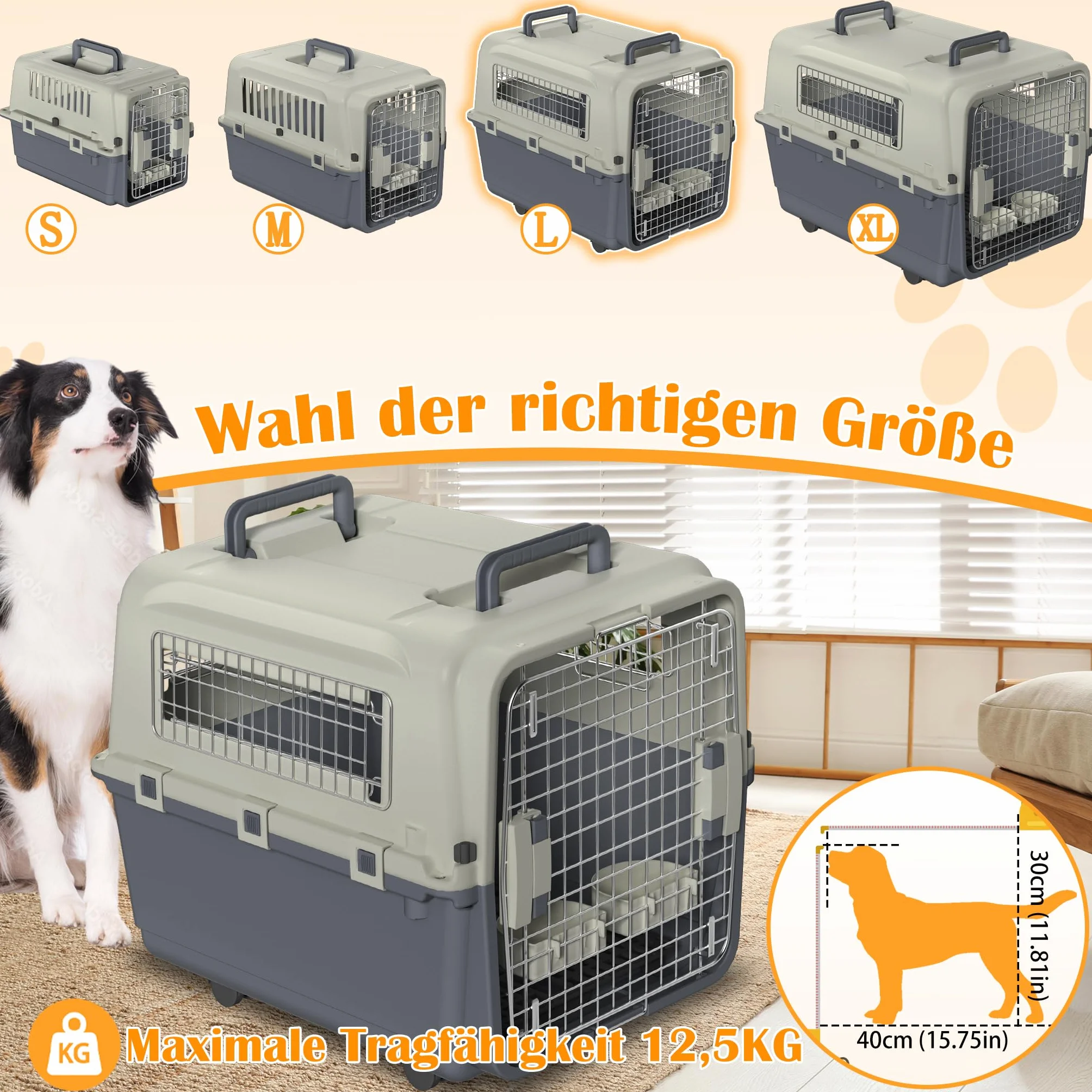 NAIZY Trasportino per cani, 67 x 51 x 58,5 cm, con porta in metallo e prese d'aria per finestre, portata fino a 12,5 kg, con cuscinetti per pipì