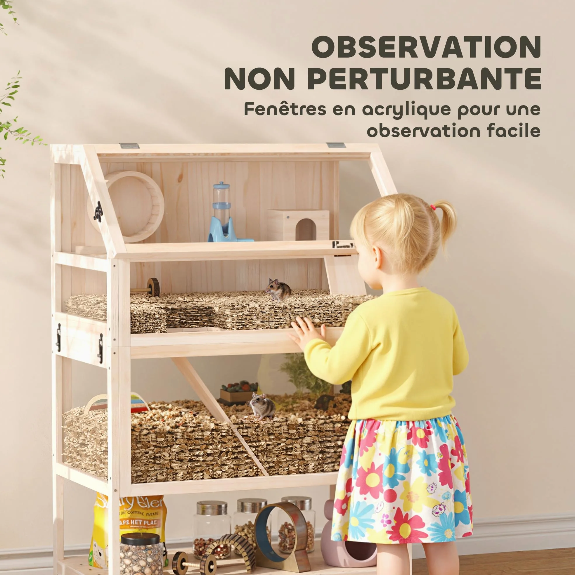 PawHut Gabbia per criceto in legno XXL – Habitat per roditori a 3 piani con pannello acrilico e ruota – Casa piccolo animale di lusso con accessori e ripiano di stoccaggio, 80 x 53 x 117 cm, effetto