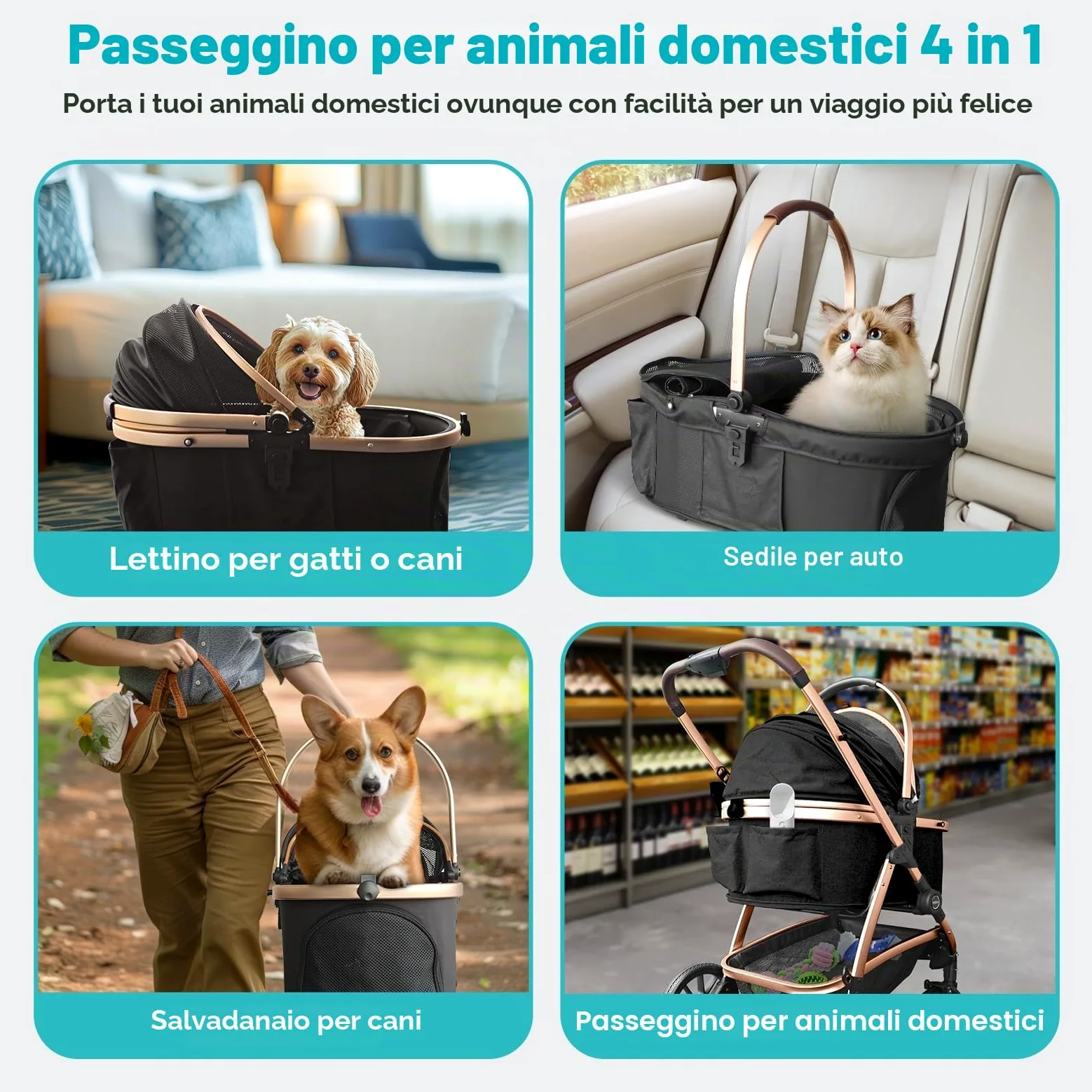 Passeggino per Cani 4 in 1 fino 25 Kg,Telaio in alluminio anodizzato 100% pieghevole,ruote gomma schiumosa 360°,Staccabili,adatto per cani e gatti di medie e piccole taglie, Marrone