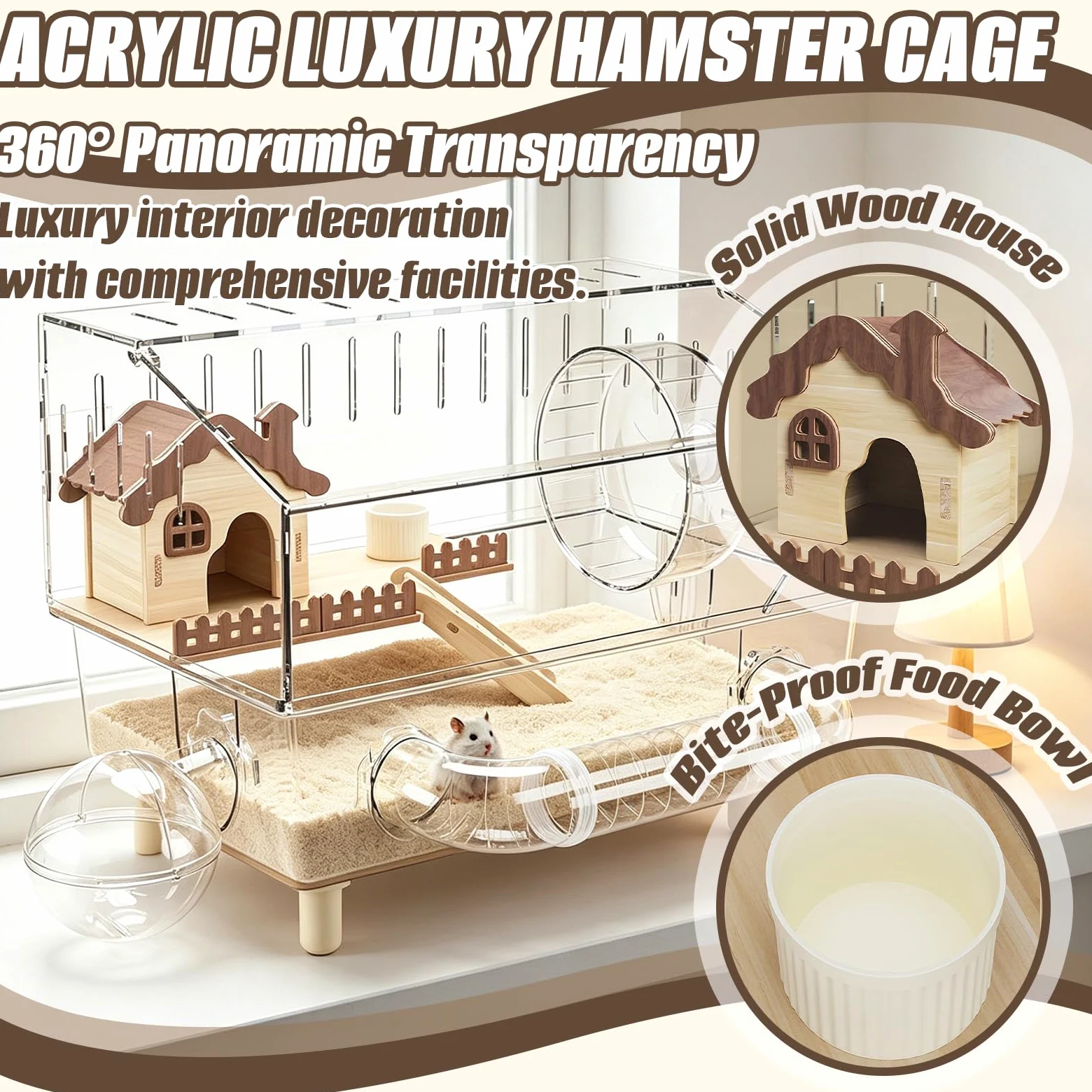 Gabbia per Criceti, 43 x 30 x 34 cm Villa in Acrilico per Criceti a Due Piani con Area di Riposo Ruota per Esercizi Tunnel Bagno Esterno Bollitore e Ciotola per il Cibo per Piccoli Animali