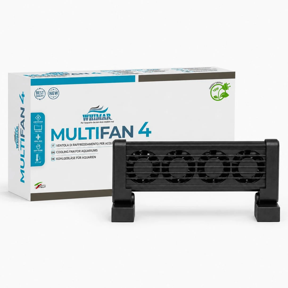 Whimar MultiFan 4 Ventole di Raffreddamento per Acquario, Sistema 12V a 4 Ventole, Basso Consumo 3,8W, Silenzioso <40 Db, per Acquari Aperti, Supporto per Vetro Fino a 20 mm