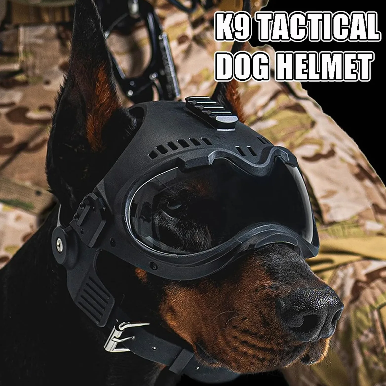 Casco tattico K9 per cani con occhiali per K9 e cani da lavoro militari con protezione per le orecchie rimovibile sulla parte superiore