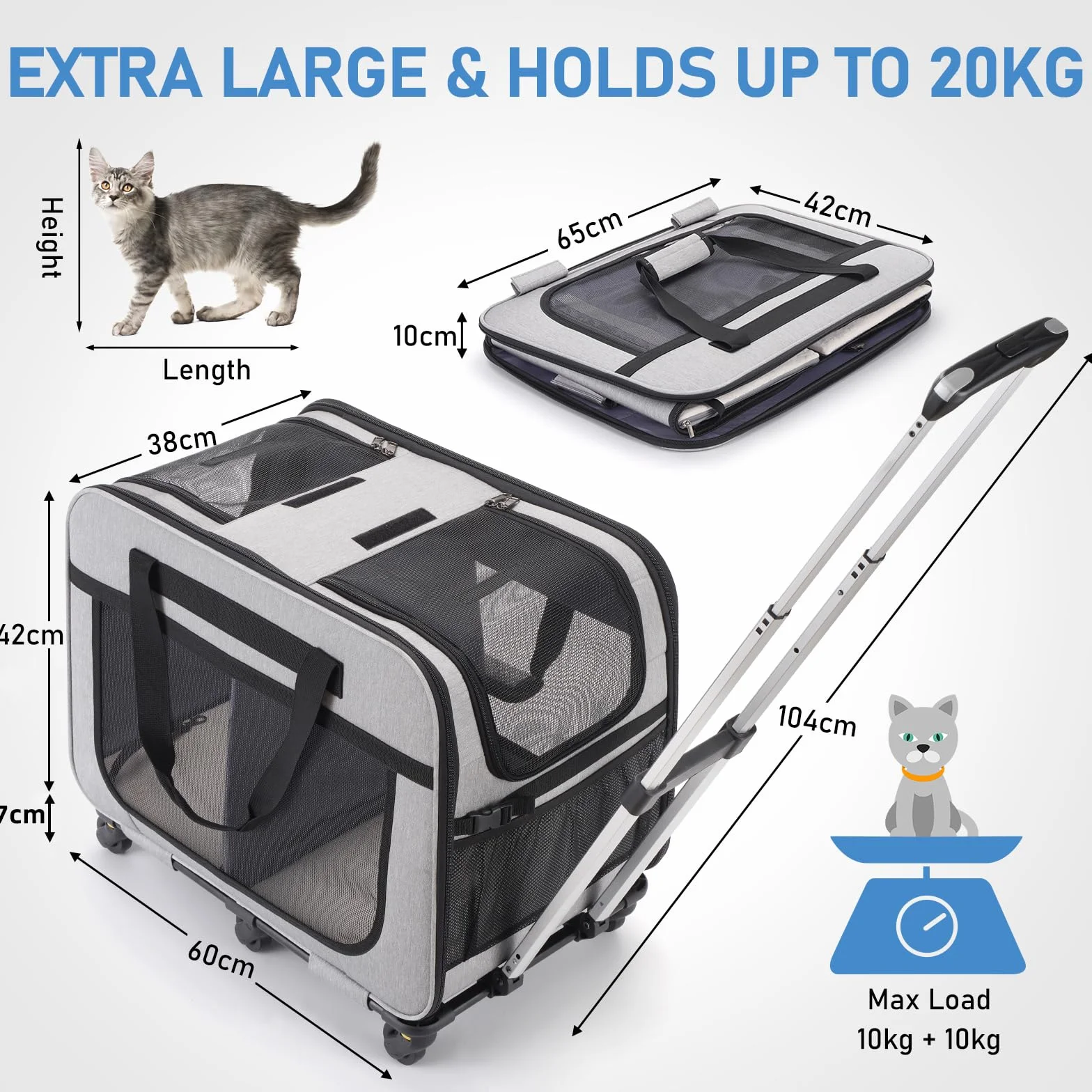 Trasportino Trolley XL per 2 Gatti Grandi o Cani Piccoli, 6 Ruote Stabili, Spazio Ampio 2-in-1, Fino a 20 kg, Con Mesh Traspirante e Manico Telescopico