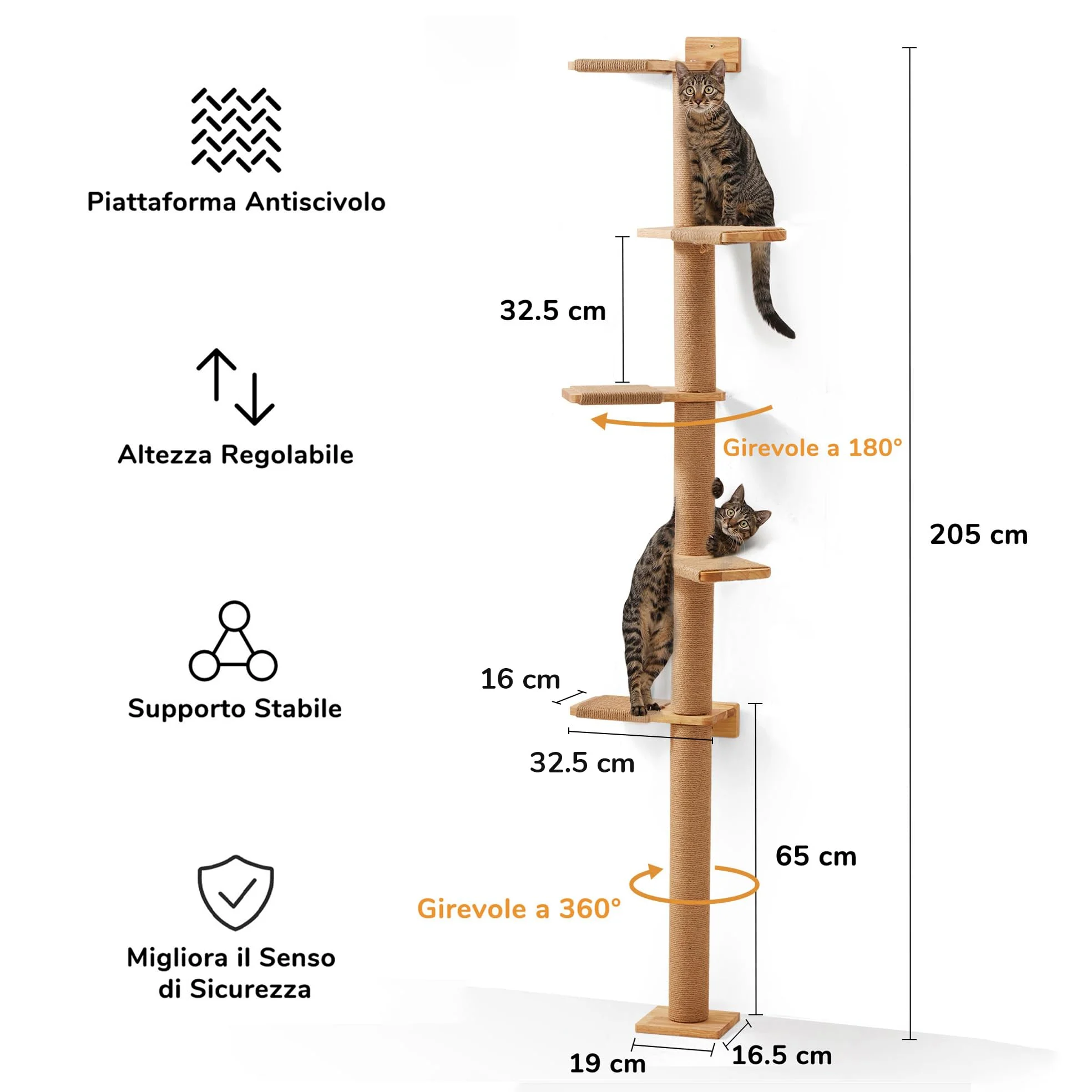 FUKUMARU Torre Tiragraffi per Gatti Alto (205CM), Mensola da Parete a 5 Livelli, Legno Massiccio e Iuta, Gradini per Arrampicare, Graffiare, Giocare
