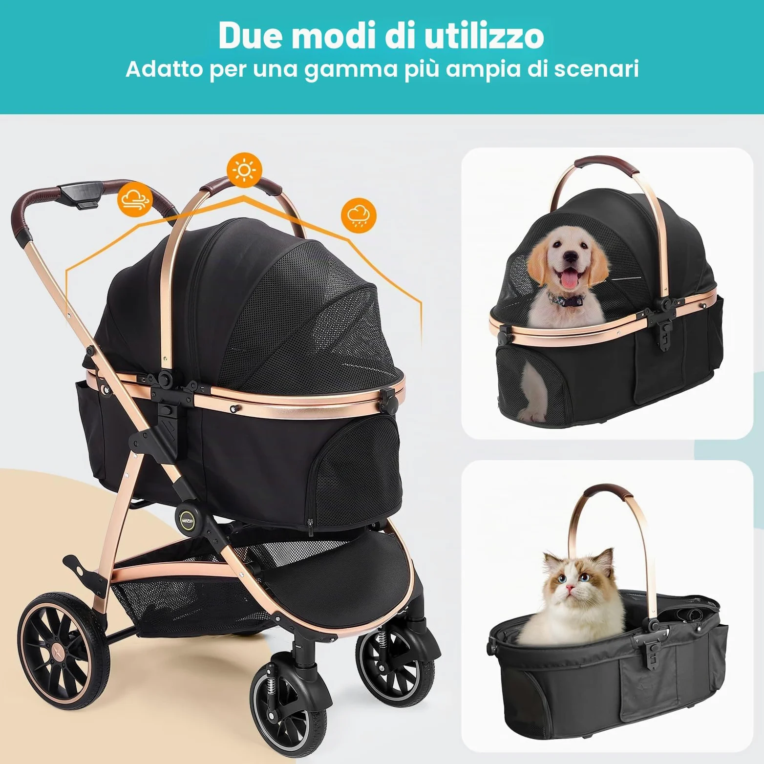 Passeggino per Cani 4 in 1 fino 25 Kg,Telaio in alluminio anodizzato 100% pieghevole,ruote gomma schiumosa 360°,Staccabili,adatto per cani e gatti di medie e piccole taglie, Marrone