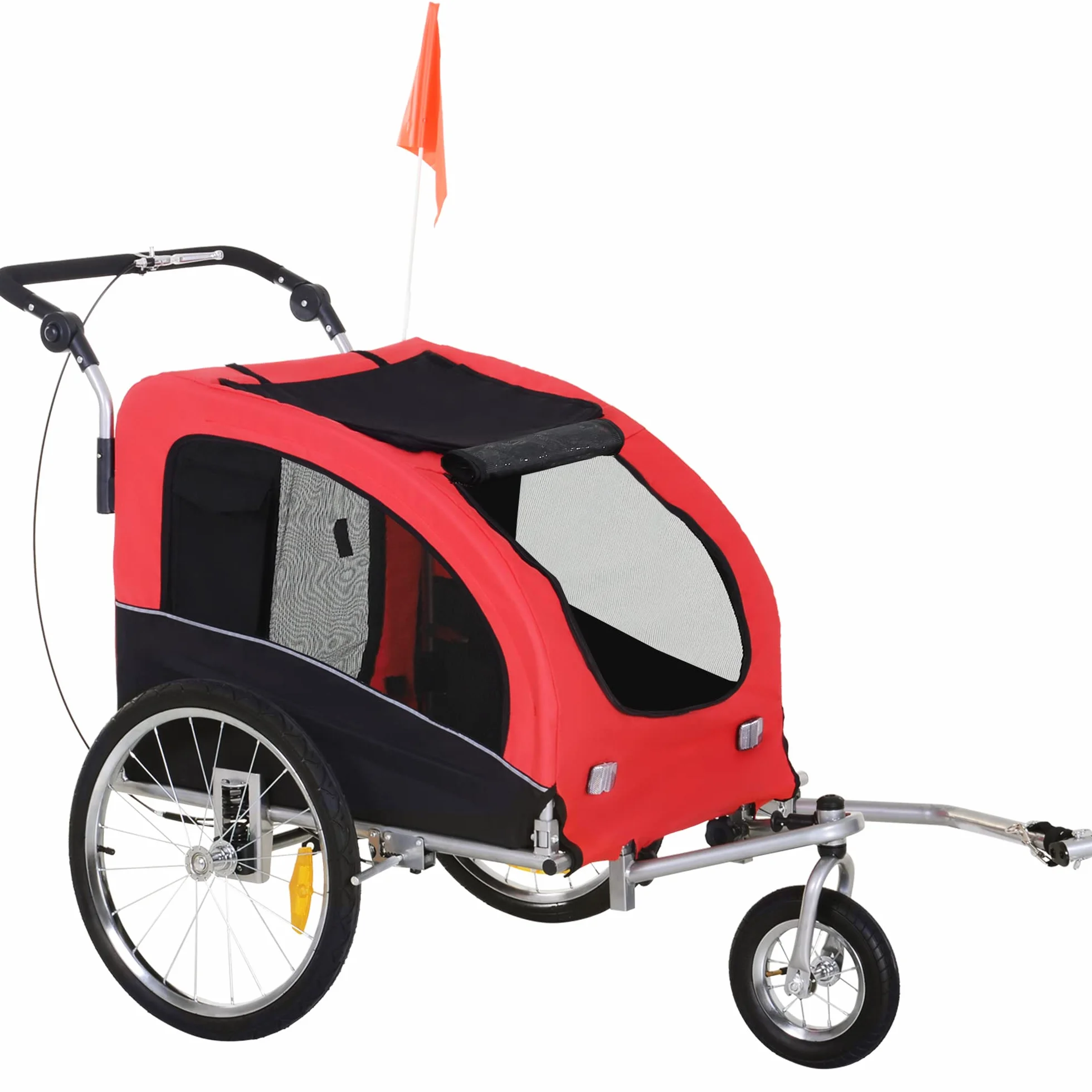 PawHut Rimorchio Bici per Cani Taglia Media a 2 Ingressi in Tessuto Oxford e Acciaio, Carrello per Cani con Finestrelle e Tettuccio Apribile, 126-155x83x108 cm