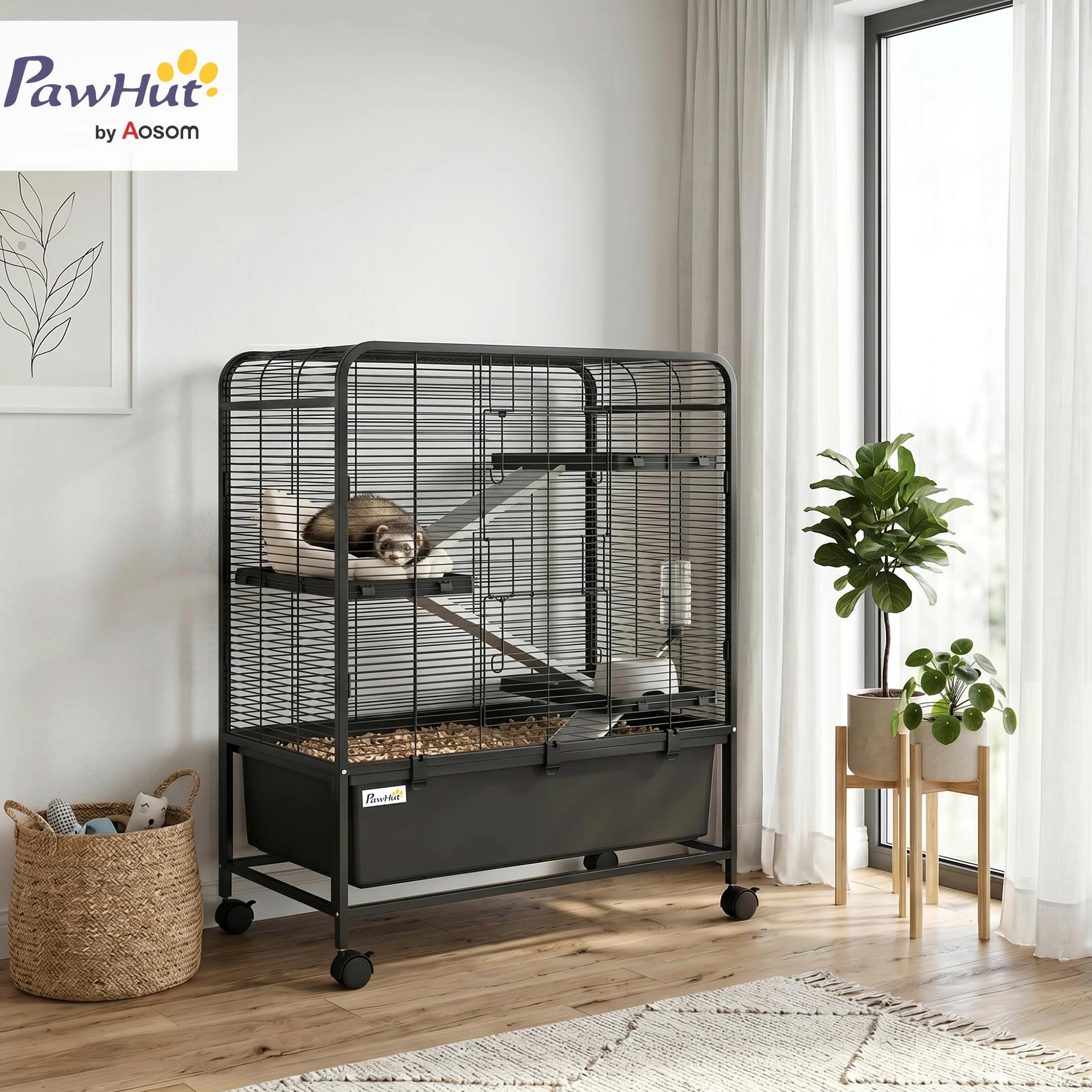 PawHut Gabbia per Conigli in Acciaio a 4 Livelli con Piattaforme, Rampe, Ruote, Serbatoio Acqua, Ciotola e Vassoio Rimovibile, Gabbietta per Criceti, Porcellini d'India, Furetti, 75x46x94.5 cm, Nero