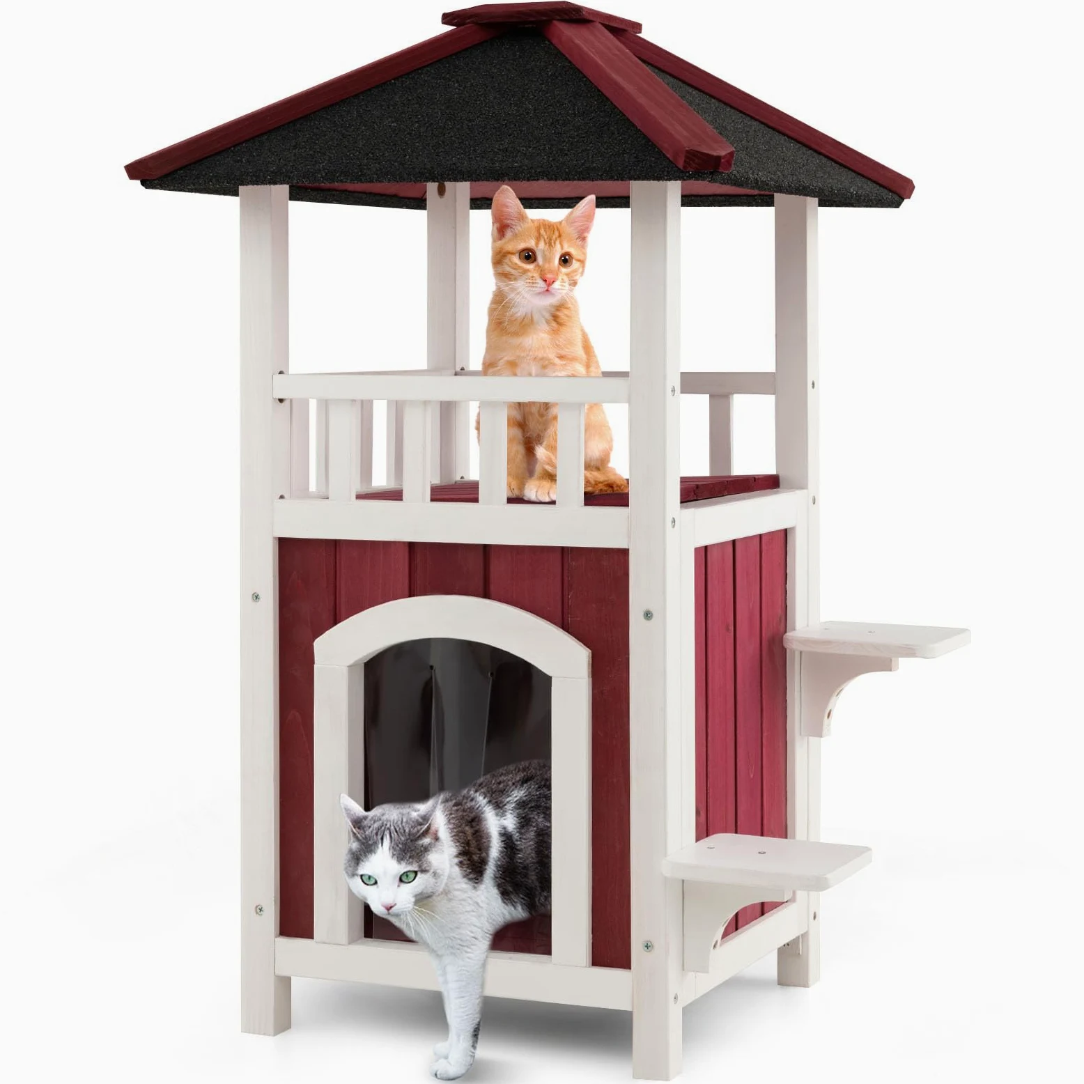 COSTWAY Cuccia per Gatti da Interno ed Esterno, Gasetta per Gatti in Legno a 2 Livelli con Tetto in Asfalto e 2 Piattaforme per Saltare, Casa per Gattini Impermeabile, 58 x 50 x 87 cm