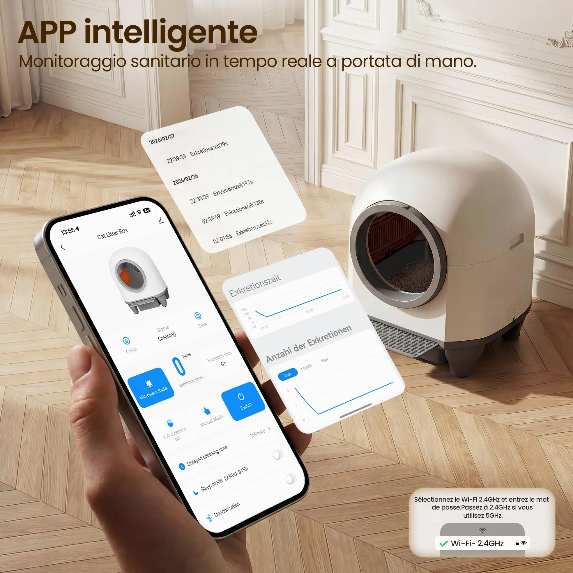 Lettiera Gatto Autopulente con APP, Lettiera Autopulente per Gatti da 90 L con Cassetto Feci da 8,5 L per Oltre una Settimana, Sistema Profumato e Sensore Radar, Adatta a Famiglie con Più Gatti.