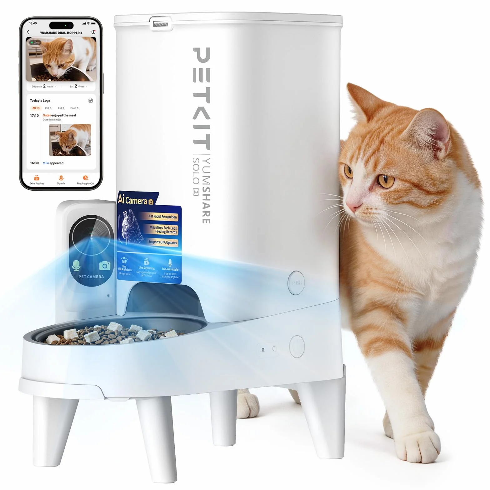 PETKIT YumShare Solo 2 Distributore Automatico di Cibo per Gatti con Telecamera HD 1080p, Riconoscimento Multiplo Gatti, Funzioni AI, Wi-Fi 2.4/5 GHz, Capacità 3L, Ciotola in Acciaio Inossidabile