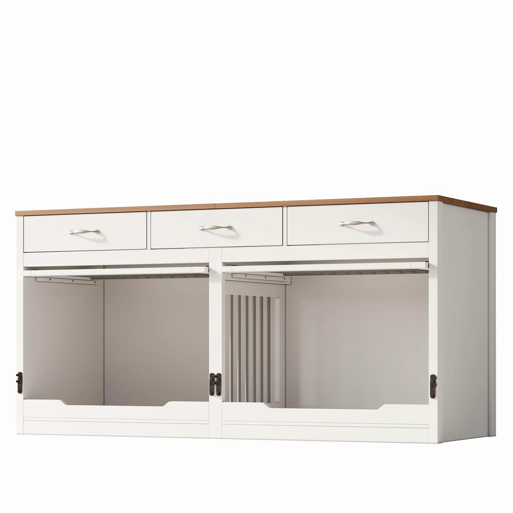 Gabbia per Cani in Legno e Metallo per 2 Cani 164x60x81 cm Cuccia Interna Coperchio Ribaltabile Divisorio Estraibile 3 Cassetti (Bianco + Effetto Legno)