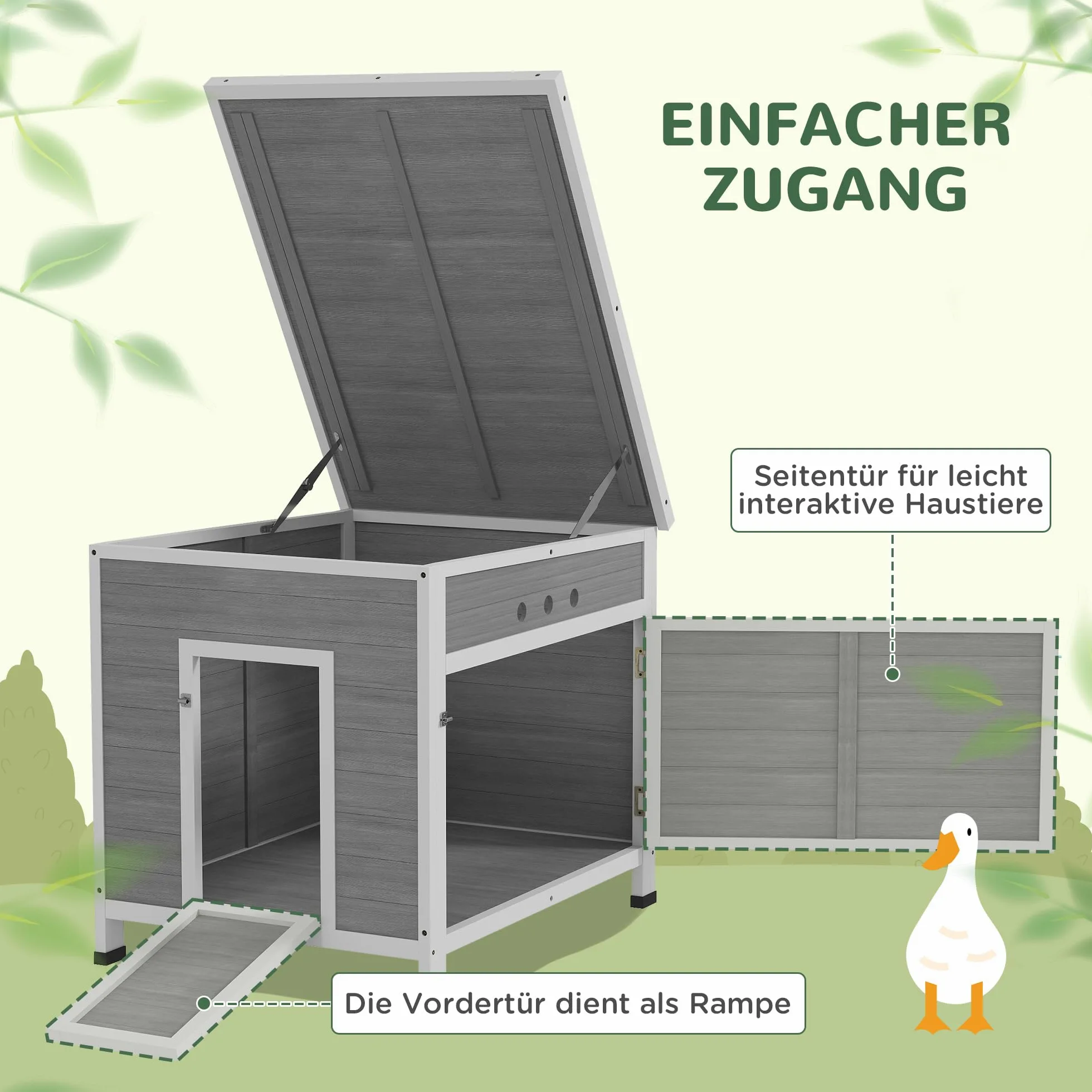 Casetta per anatre PawHut, casetta per anatre con porta laterale, fori di ventilazione, per pollame, per galline in legno di abete, per oche, pollaio con tetto in asfalto