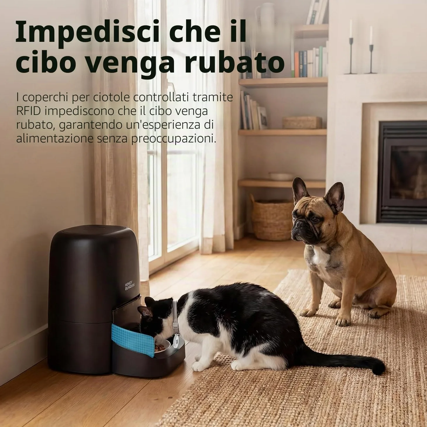 HoneyGuaridan 4.6L RFID Dispenser Crocchette Gatto con WiFi 5G e Antifurto | Distributore Automatico Cibo Gatti con Collare, Nutrizione su Misura, Monitoraggio Dietetico, Antifurto, Ciotola in Ceramica