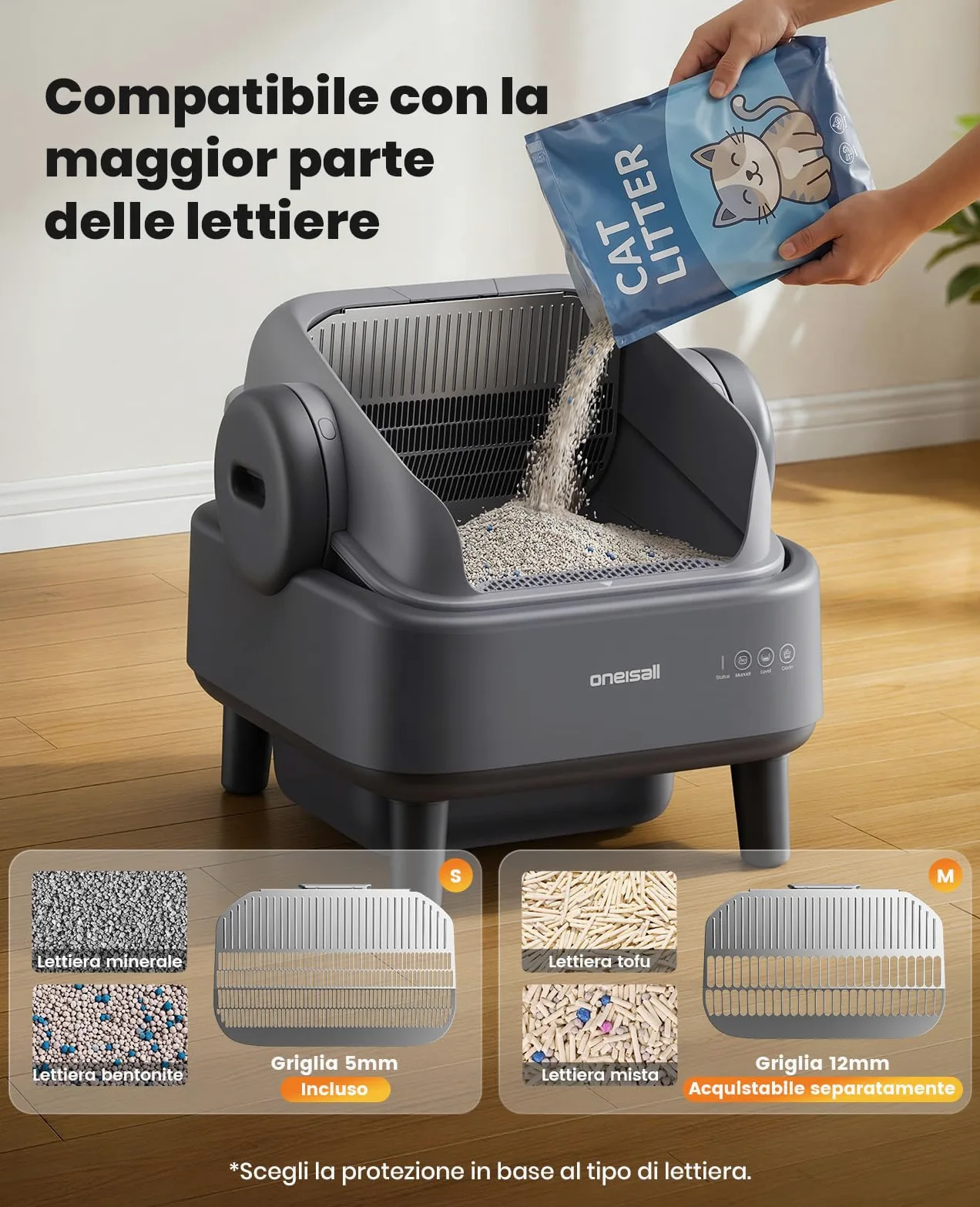 oneisall Lettiera Gatto Autopulentecon sistema EaseClean™, Lettiera Autopulente per Gatti XXL per gatti grandi, griglia in acciaio inox, modalità automatica e manuale, incl. Tappetino e 40 Sacchetti