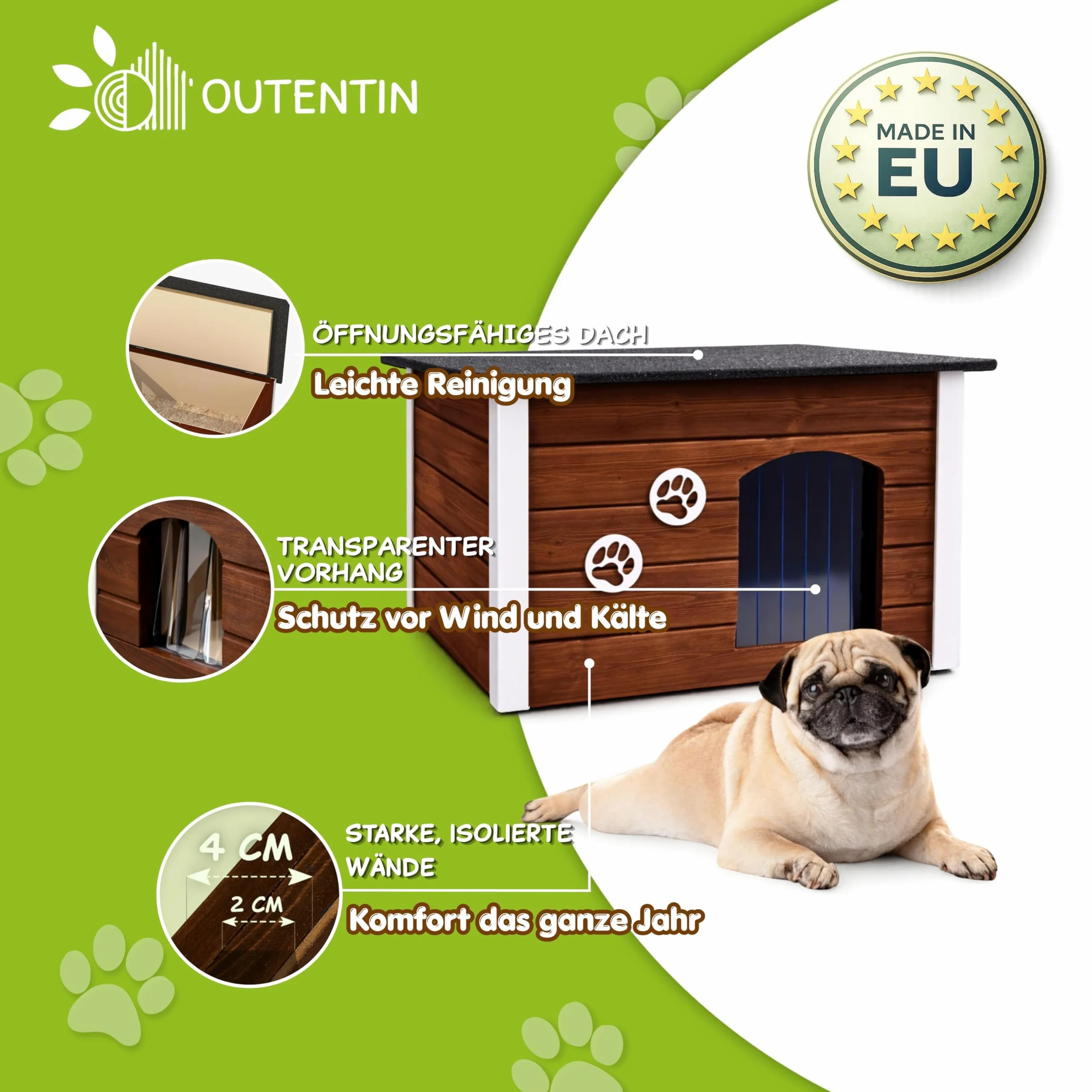 Outentin Cuccia Per Cani Da Esterno Invernale - Casa Per Cani Di Taglia Media Isolata e Impermeabile - Cuccia Per Esterni con Tetto Piatto Apribile - Villa Moderna e Robusta - 76 x 60 x 60 cm - Noce