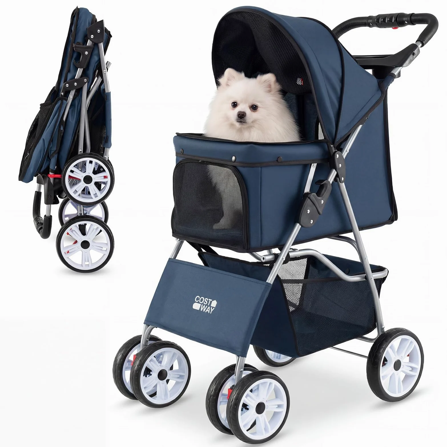 COSTWAY Passeggino per Cani Piccoli Pieghevole Facile, Carrozzina per Cani Portata Fino a 15 kg con Rete Traspirante e Copertura Impermeabile, Passeggino per Gatti per Viaggio (Blu)