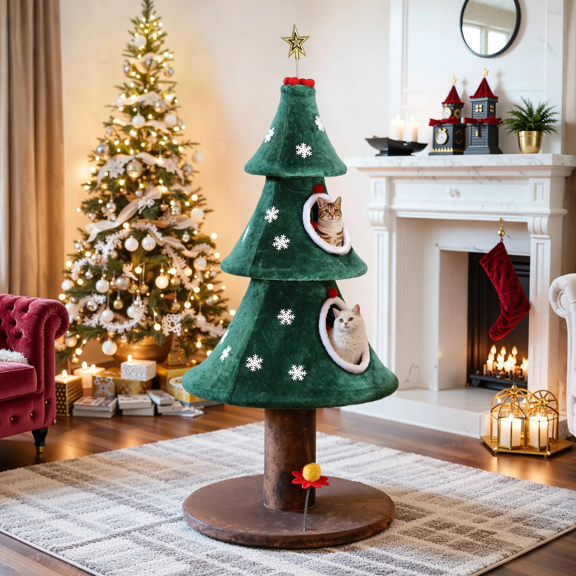 YITAHOME Albero di Natale grande con 2 ripiani, casa per gatti da 132 cm, colonne tiragraffi, centro attivo per gattini e decorazioni natalizie in verde