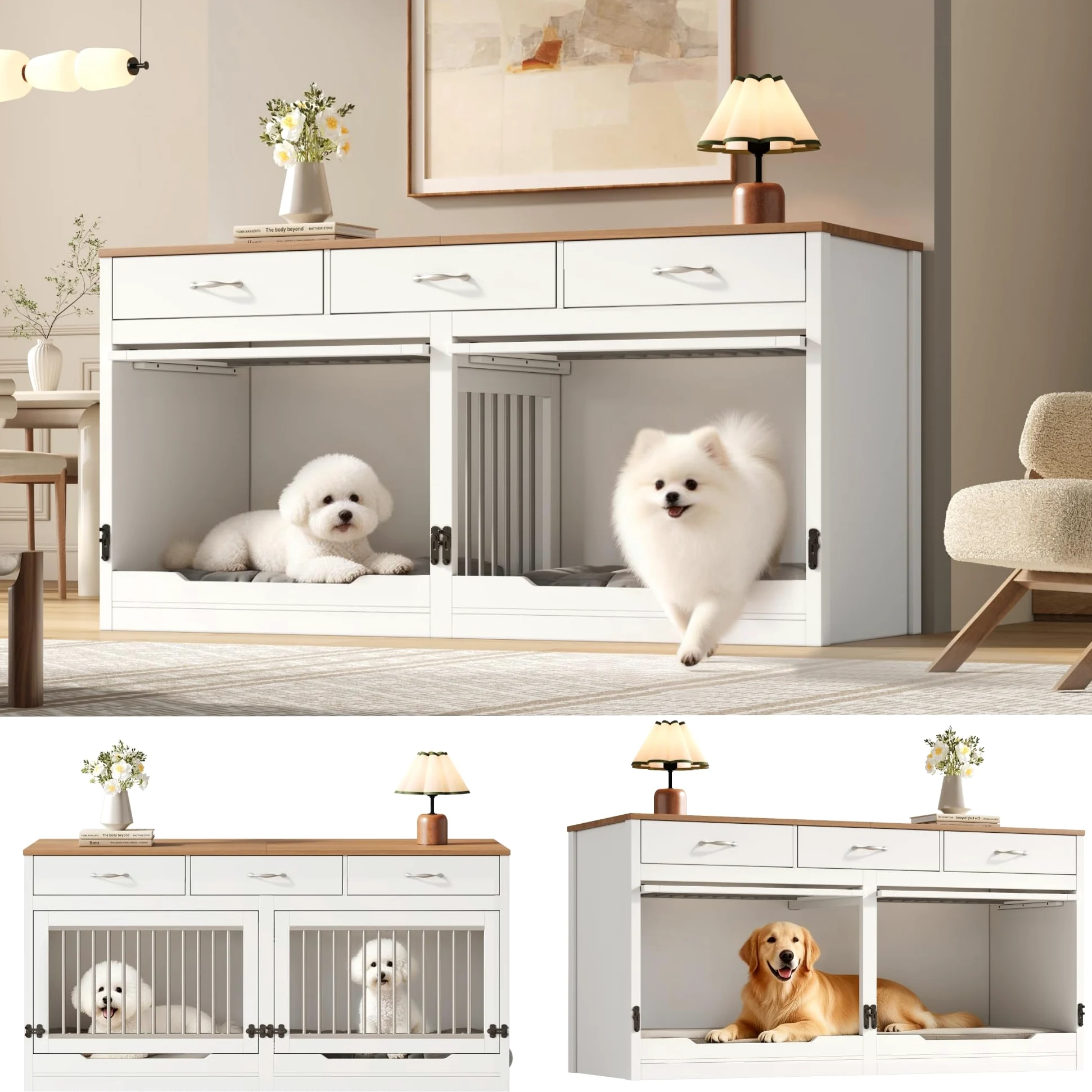 Gabbia per cani XXL, in legno e metallo, con 3 cassetti e 2 ante, cuccia interna per cani, per la casa, coperchio pieghevole, divisorio rimovibile (bianco + effetto legno)