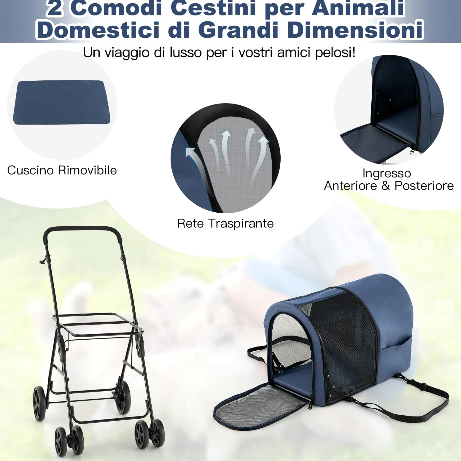 COSTWAY Passeggino per Cani Pieghevole, Carrozzina per Cani Multifunzionale 4 in 1 a Doppio Livello, Passeggino Smontabile con Ruote, Ideale per Passeggiata Viaggio e Shopping (Blu)