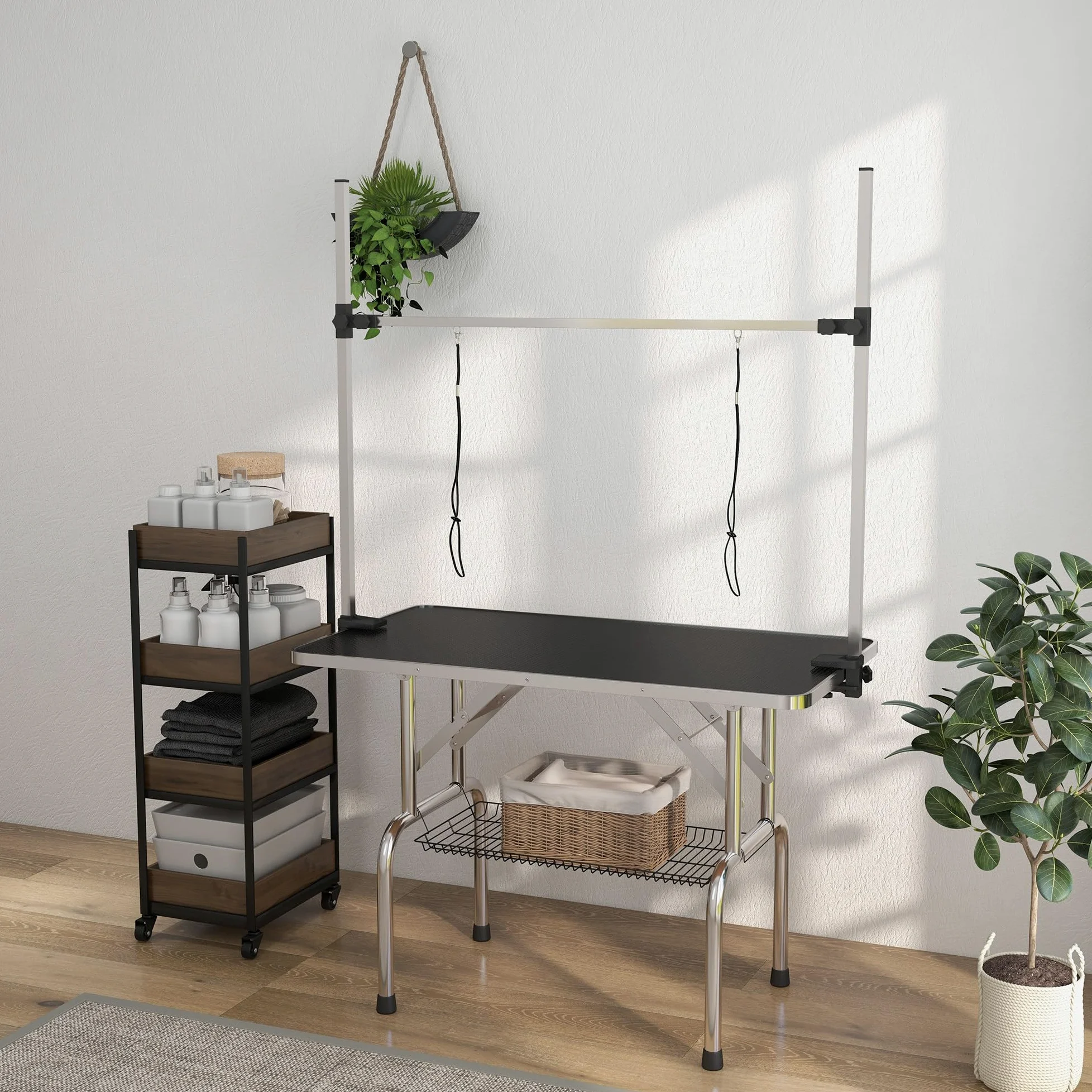 PawHut Tavolo da toelettatura per animali domestici Tavolo da toelettatura pieghevole con portaoggetti Telaio in acciaio Altezza regolabile 20-80 cm 107x60x170 cm Nero