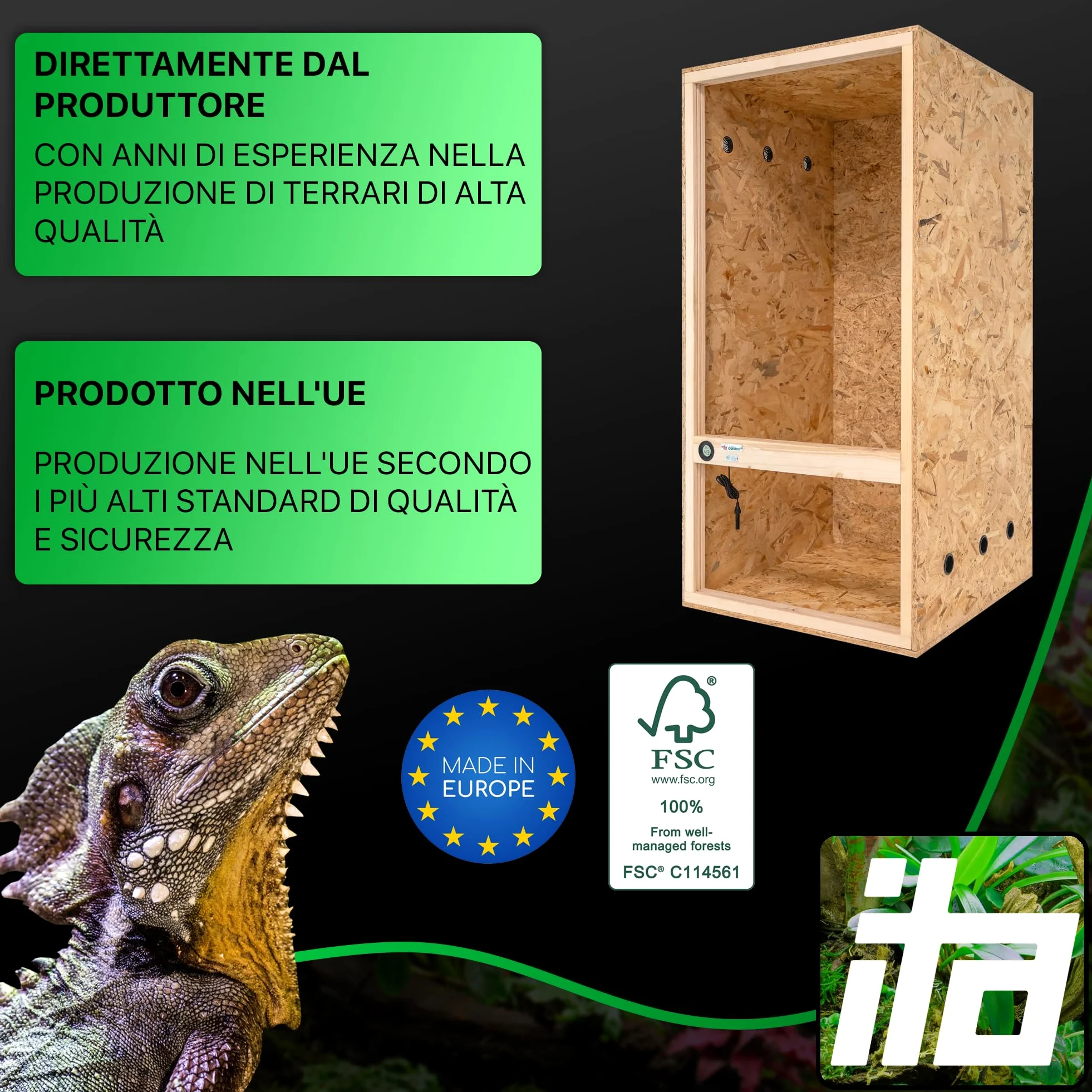 ITA Terrario alto 60x120x60 cm con ventilazione laterale e igrometro integrato - Terrario in legno OSB-3 - Per rettili, serpenti, anfibi - Prodotto UE, certificato FSC