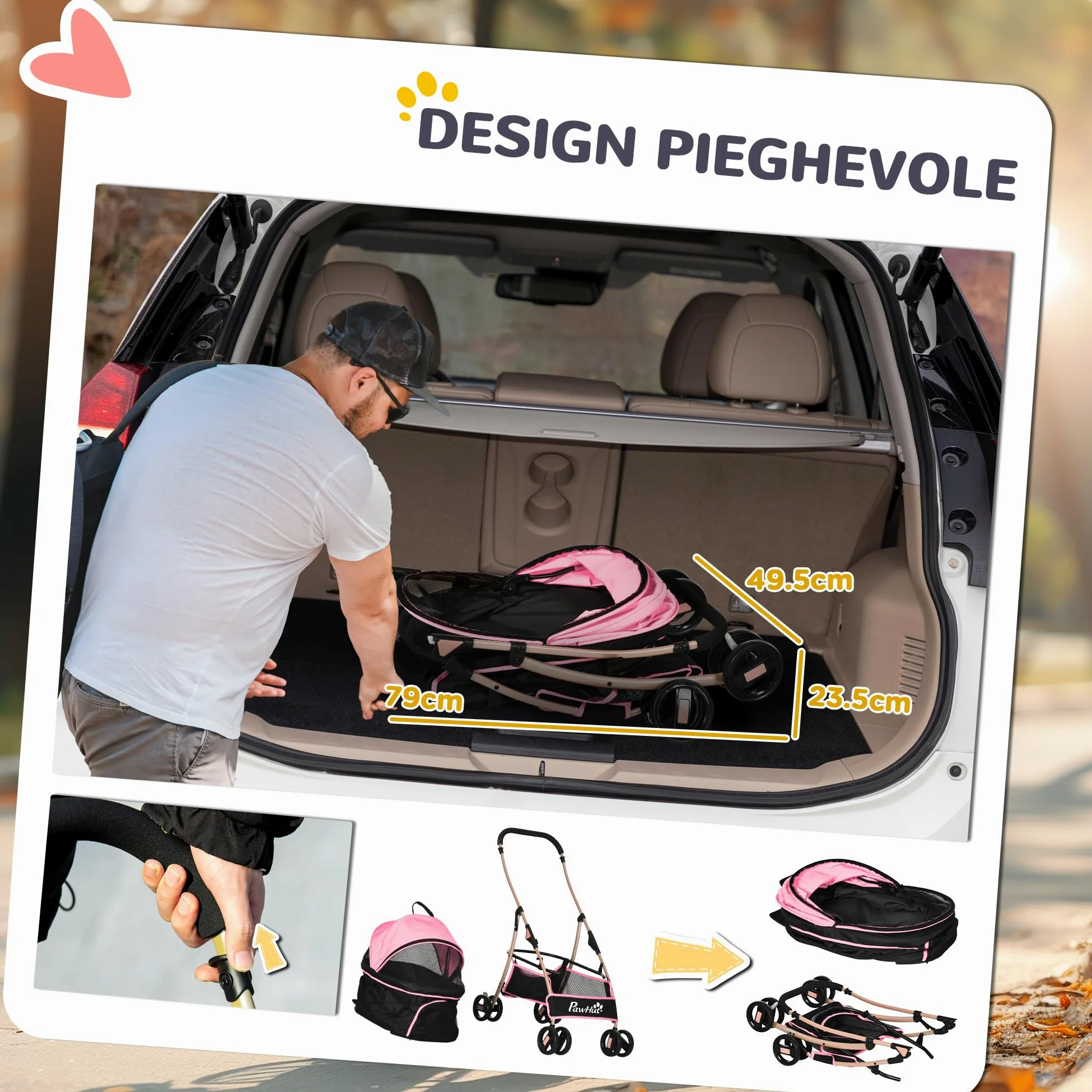 PawHut Passeggino per Cani 3 in 1 Pieghevole Convertibile in Borsa da Trasporto, Seggiolino Auto con 2 Guinzagli, Cuscino, Passeggino per Animali in Acciaio, Tessuto Oxford, 82x49.5x98cm, Rosa