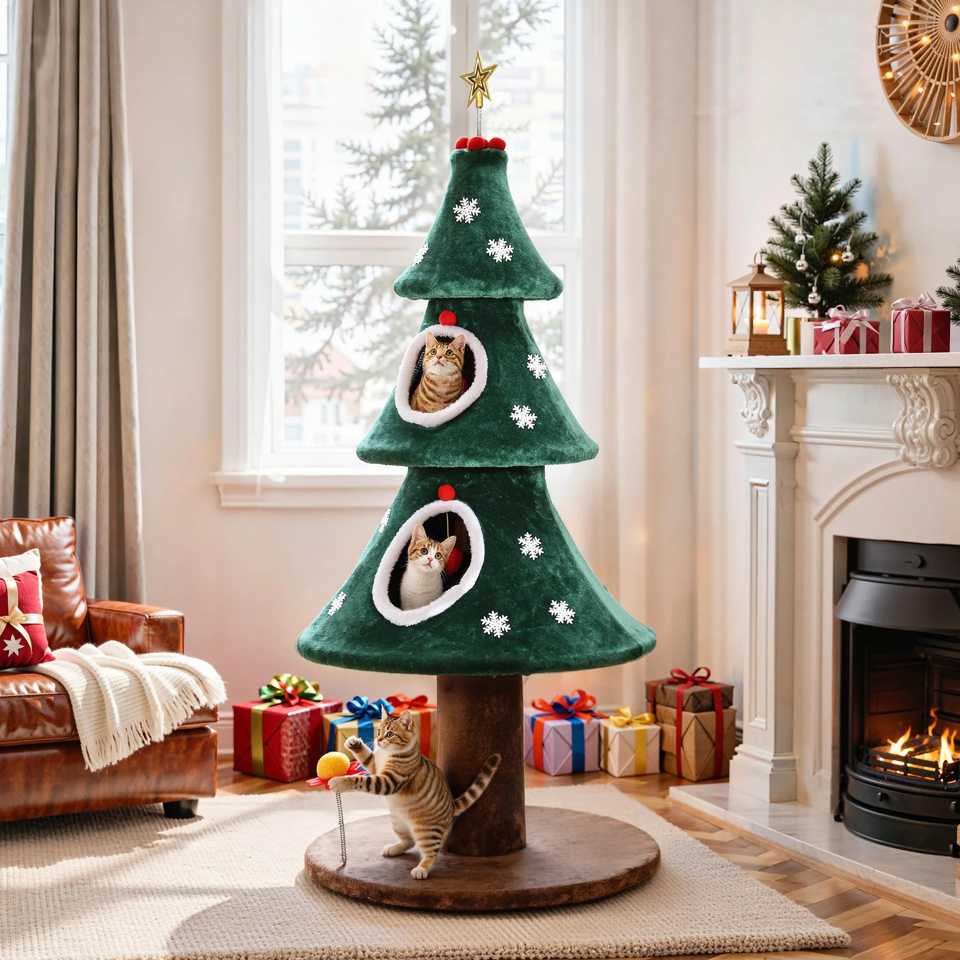 YITAHOME Albero di Natale grande con 2 ripiani, casa per gatti da 132 cm, colonne tiragraffi, centro attivo per gattini e decorazioni natalizie in verde
