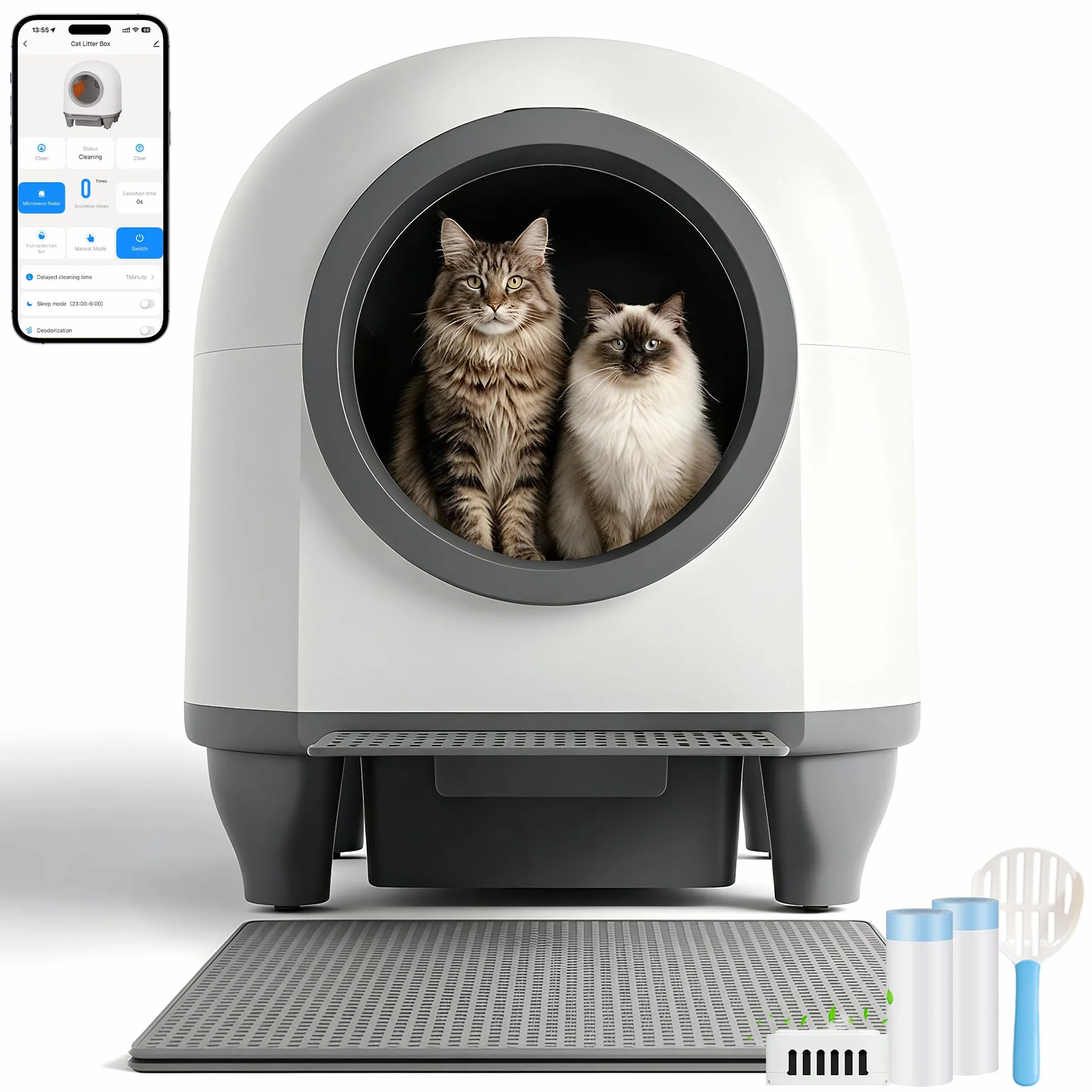 Lettiera Gatto Autopulente con APP, Lettiera Autopulente per Gatti da 90 L con Cassetto Feci da 8,5 L per Oltre una Settimana, Sistema Profumato e Sensore Radar, Adatta a Famiglie con Più Gatti.