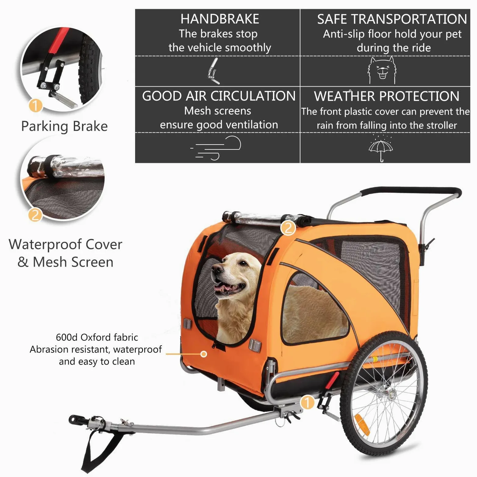 SEPNINE Rimorchio Per Cani 2 In 1 Per Bicicletta, Rimorchio Per Cani, Con Freni, Finestre In Plastica Trasparente Proteggono Dalla Pioggia