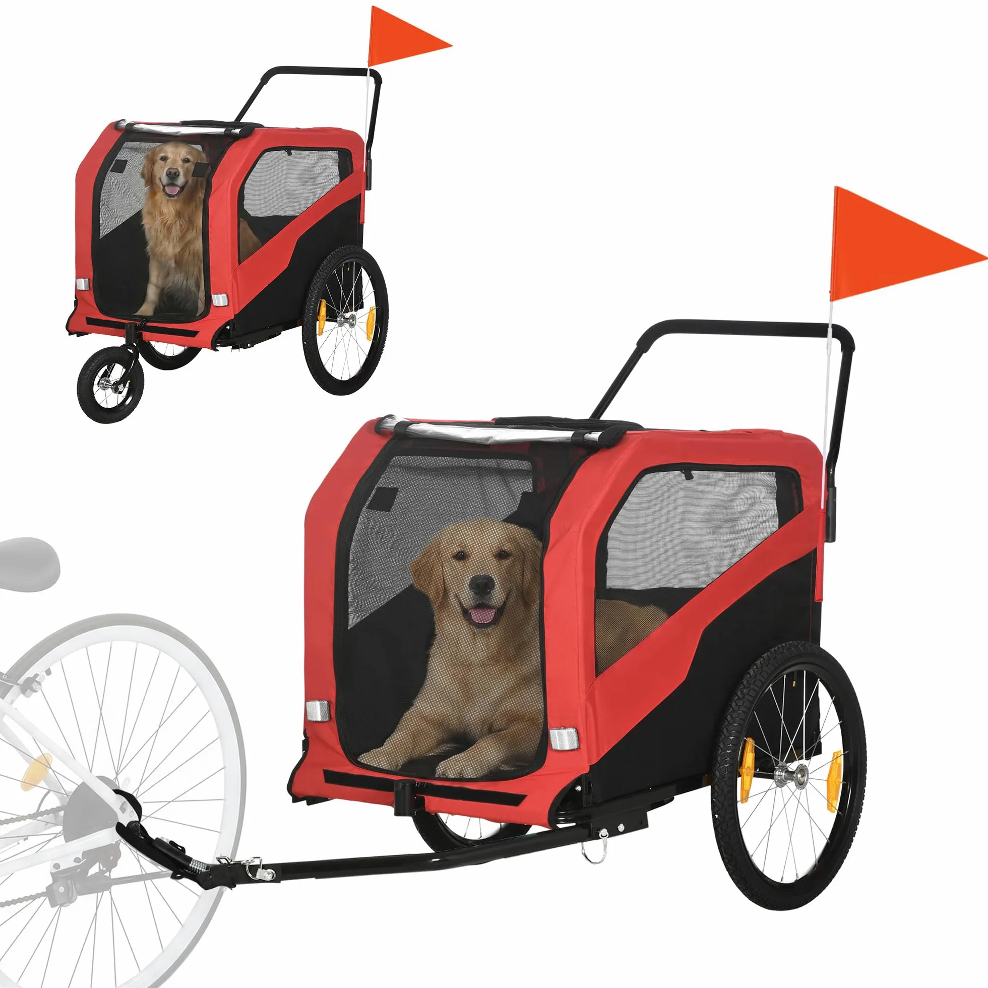 PawHut rimorchio per cani 2 in 1, rimorchio da bicicletta per cani, passeggino per cani con catarifrangenti, passeggino per cani max. 30 kg, rimorchio da bicicletta per cani grandi, tessuto Oxford,