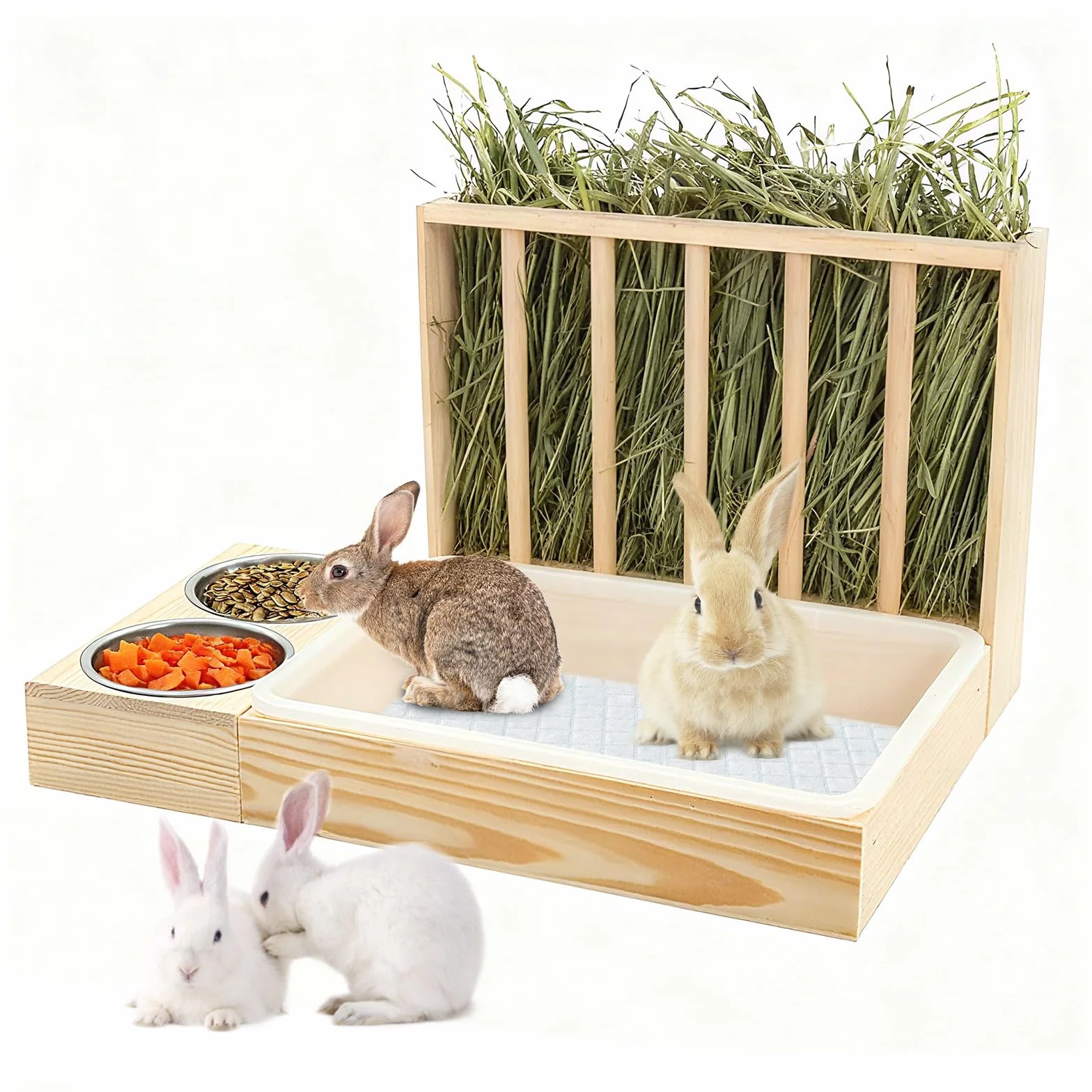 Mangiatoia Per Fieno Di Coniglio, Ruggine di Fieno in Legno con Lettiera E Ciotole Dispenser Cibo Coniglio Nano Supporto Alimentatore per Fieno per Cavia Roditori Piccoli
