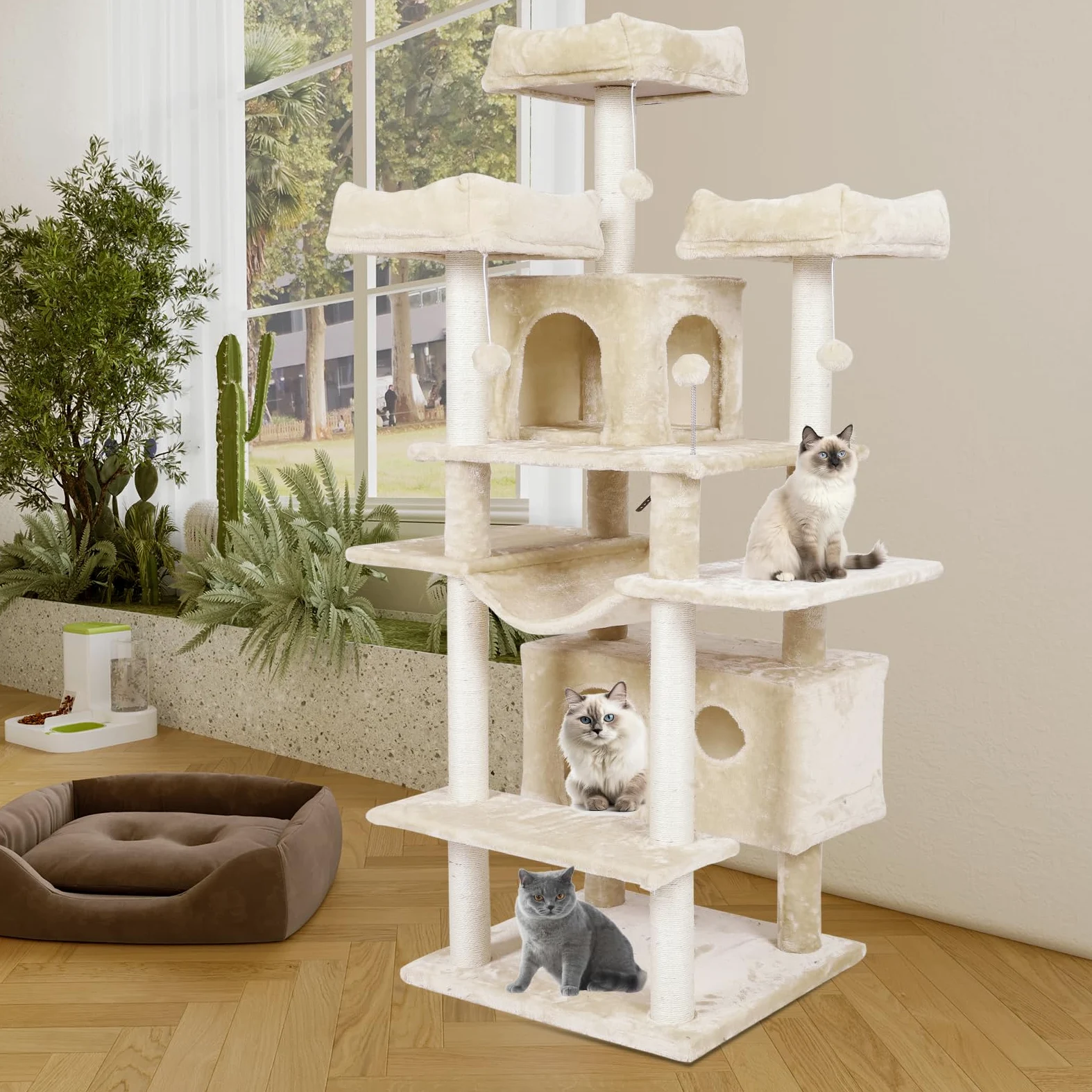 MSmask, Tiragraffi grande, in formato XXL, 175 cm, stabile, con 3 grandi piattaforme di osservazione, per gatti di grandi dimensioni, elementi tiragraffi in sisal (beige)