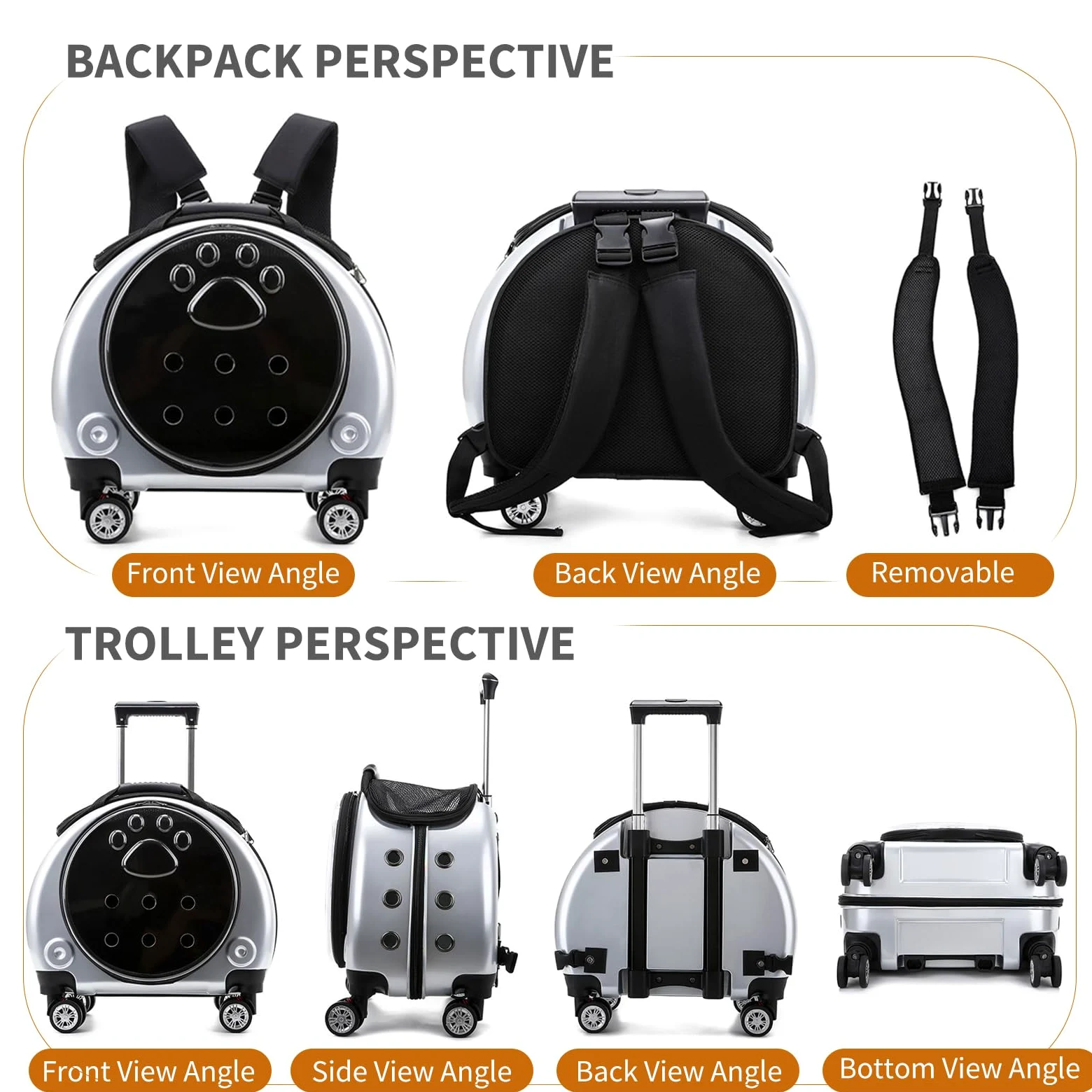 PETCUTE Zaino Trolley per Cani Gatti,Buona Ventilazione,Zaino per Gatti con Tappetino Rimovibile,Comoda Maniglia,Pieghevole Trasportino Gatto con Ruote per Cani Piccoli Gatti Medi Fino 7.5 KG
