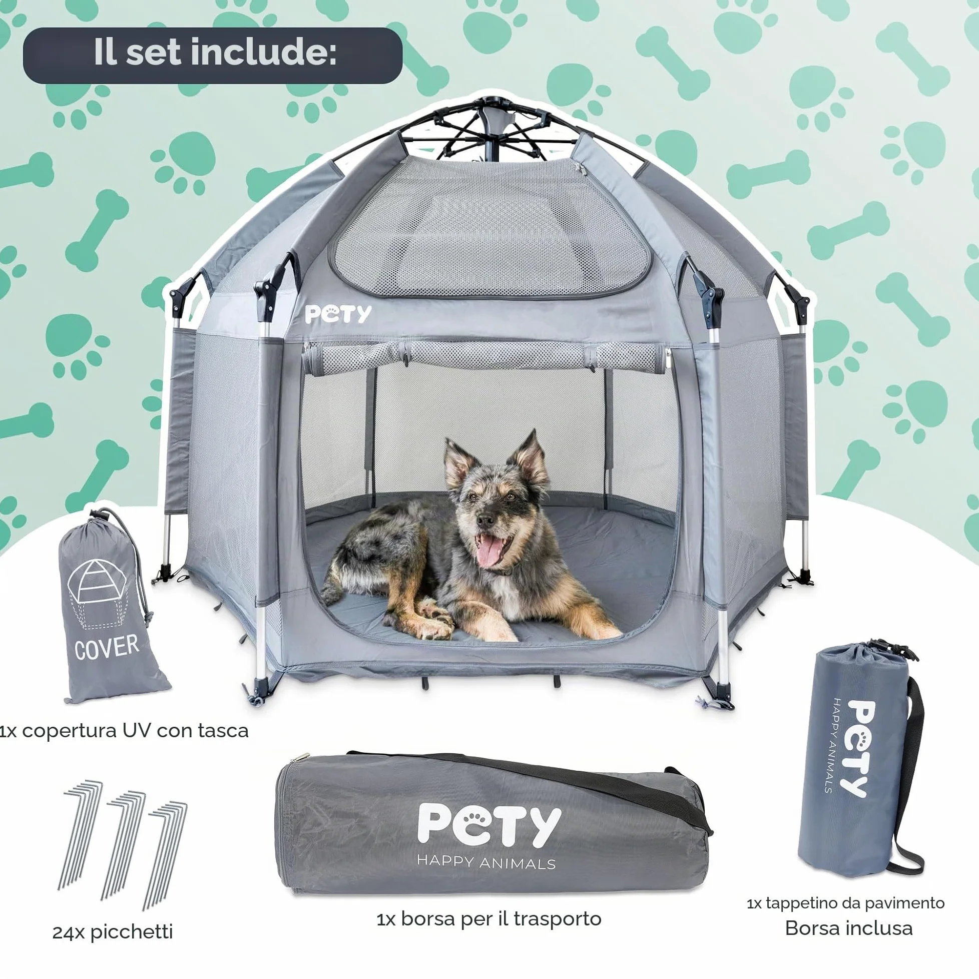 PETY Set box per cani – 150 x 100 cm tenda mobile per cani con borsa per il trasporto, tetto UV e tappetino – recinto per animali domestici e interni – accessori da viaggio per il campeggio –