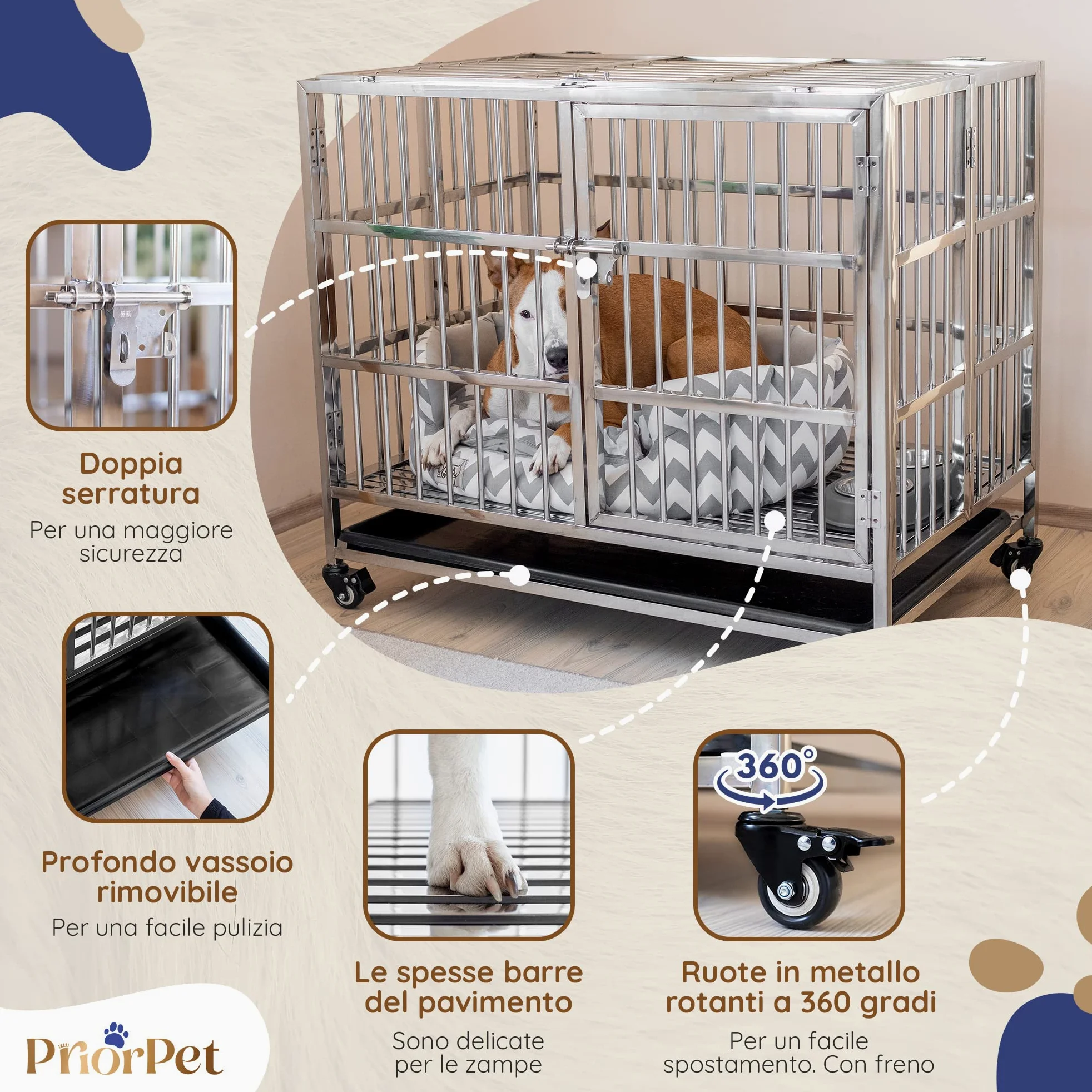 PRIORPET Solida Gabbia per Cani - Design Pieghevole e Facile da Montare per Un Agevole Trasporto - Doppia Serratura per Una Maggiore Sicurezza - Vassoio Rimovibile per Una Rapida Pulizia