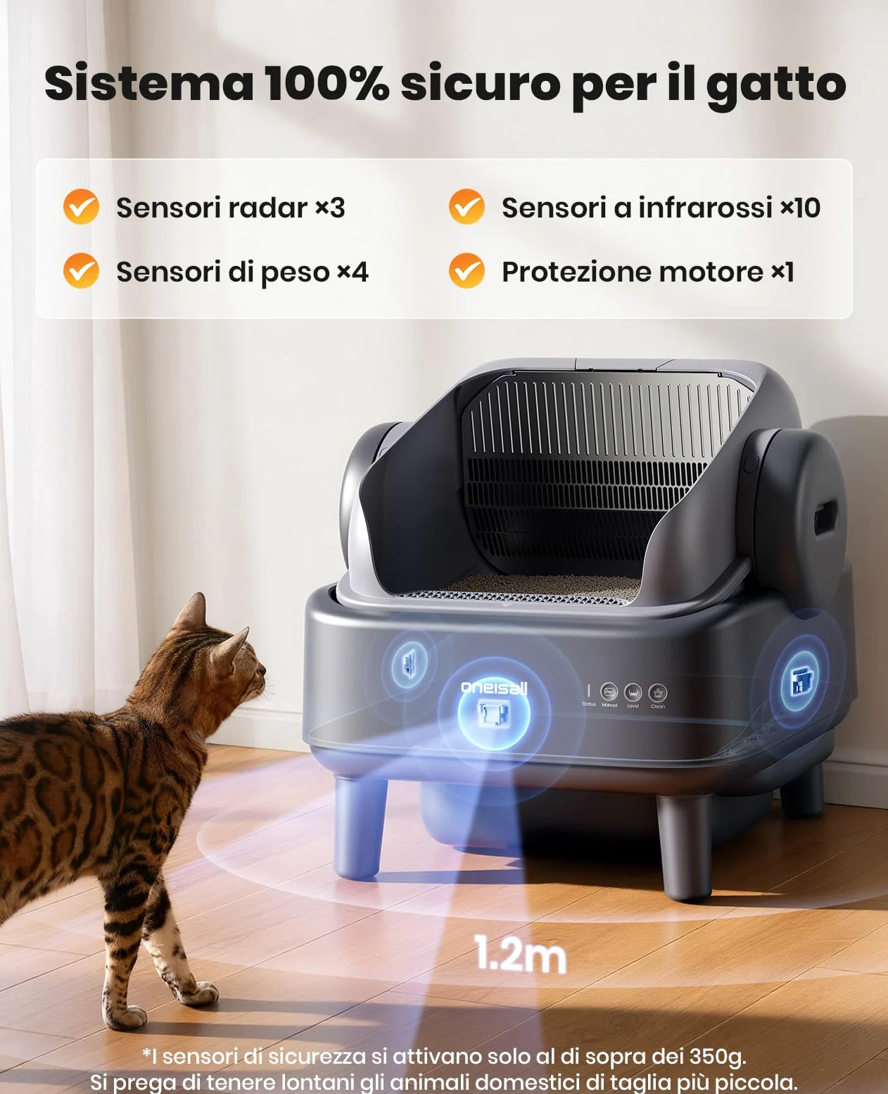 oneisall Lettiera Gatto Autopulentecon sistema EaseClean™, Lettiera Autopulente per Gatti XXL per gatti grandi, griglia in acciaio inox, modalità automatica e manuale, incl. Tappetino e 40 Sacchetti