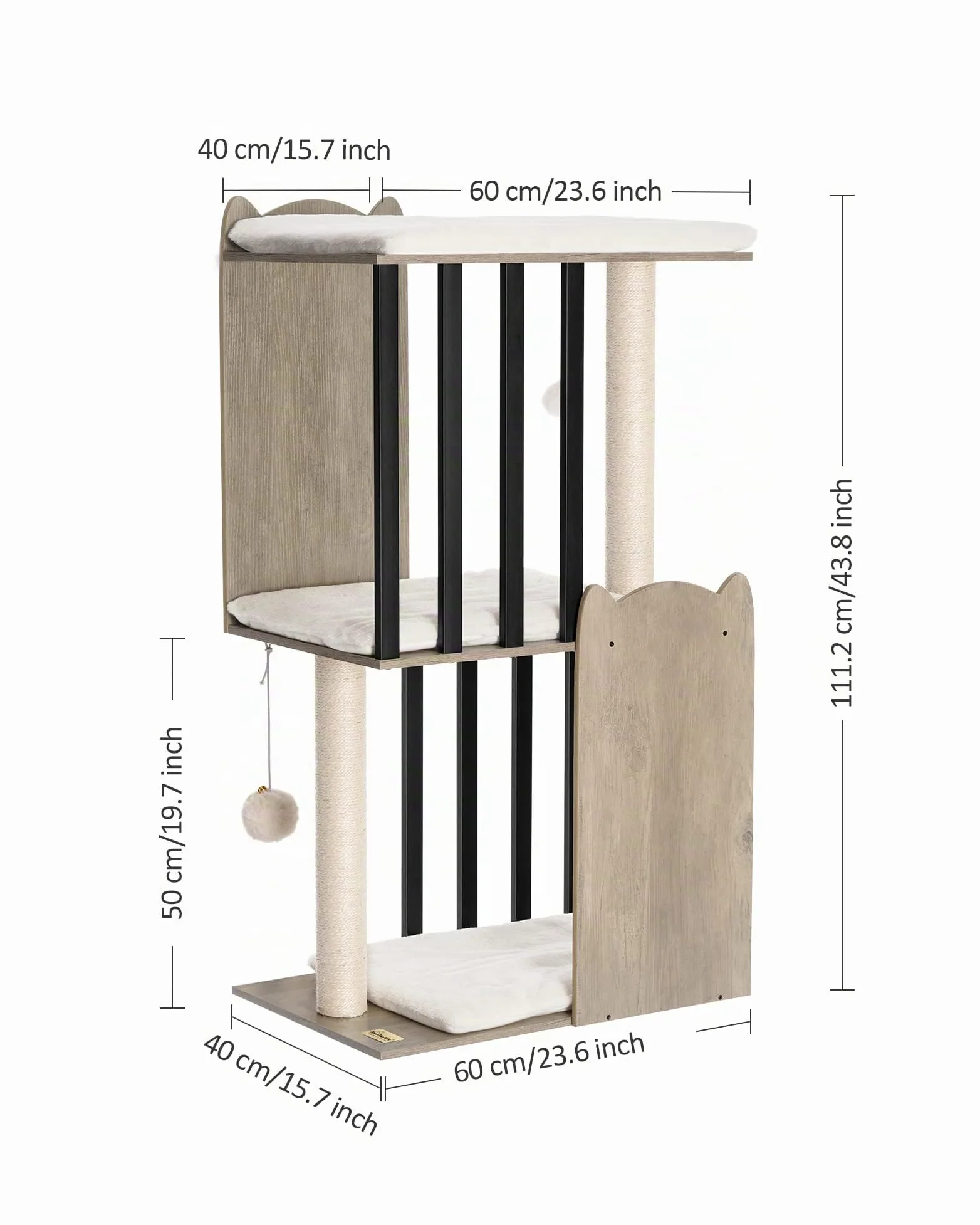 FourFurPets 3-Tier Modern Albero per Gatti Alto 111 cm, Tiragraffi per Gatti, con 2 Pali Graffiatoi in sisal, 3 Piattaforma Grande, Pompon, Greige
