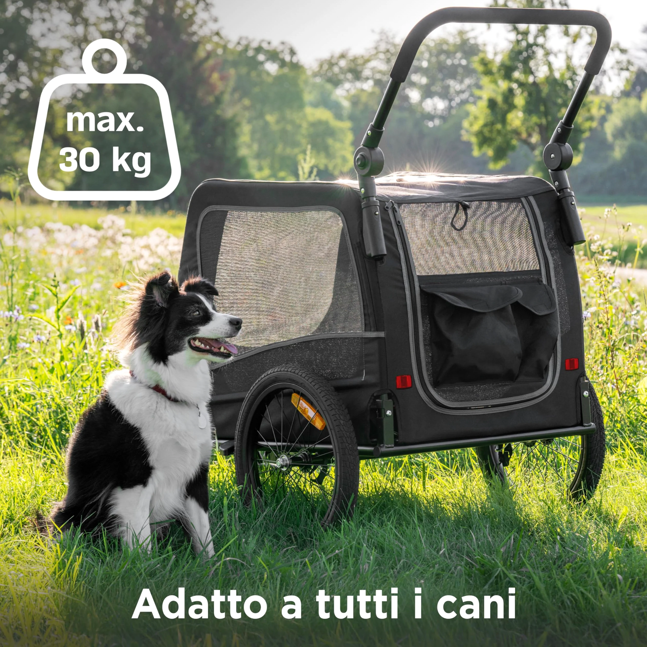 Rimorchio Bici Cani 2 in 1 – Carrello e Passeggino Pieghevole con Cuscino per Cani fino a 30 kg – Con Attacco, Bandierina, Compatibile con Bici Elettriche – Nero