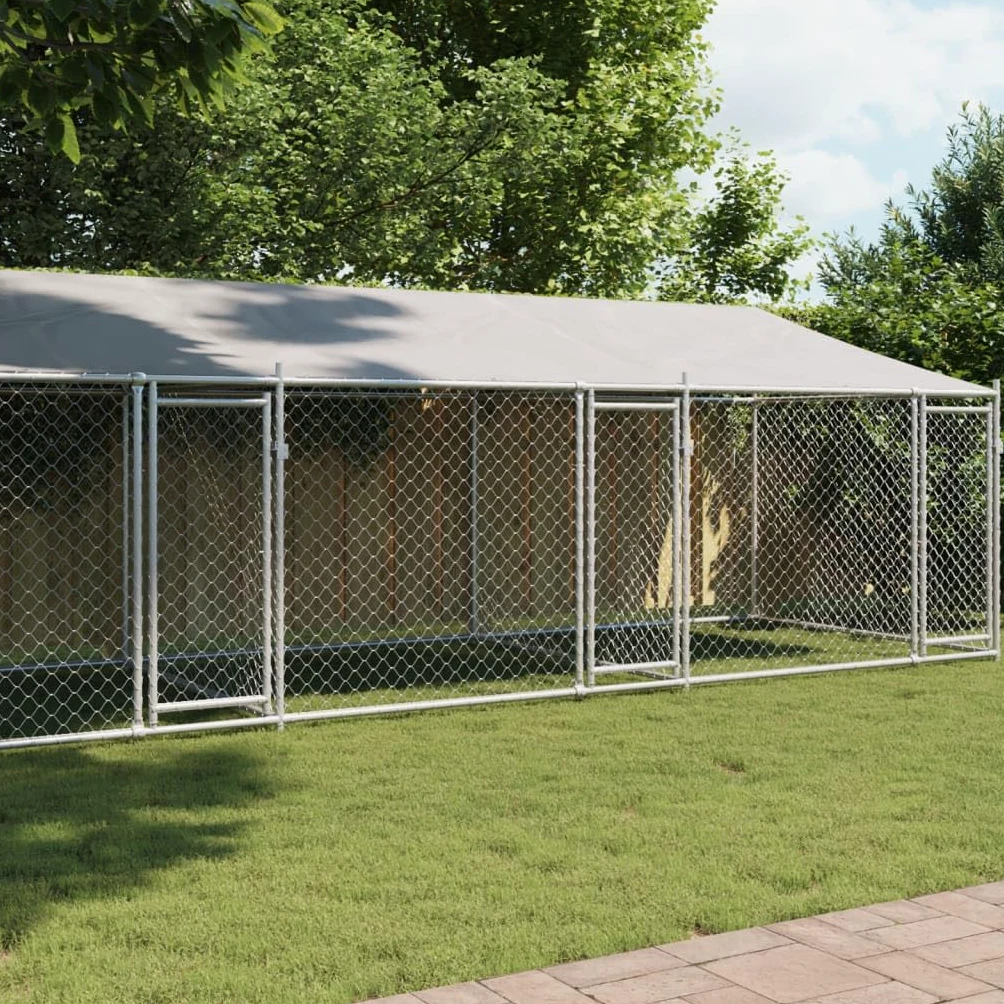 IKAYAA Recinto per Cani da Esterno Box per Cani da Esterno Cuccia Cane Esterno Gabbia Cani con Tetto e Porte Acciaio Zincato-8 x 2 x 2 m/3 uscite