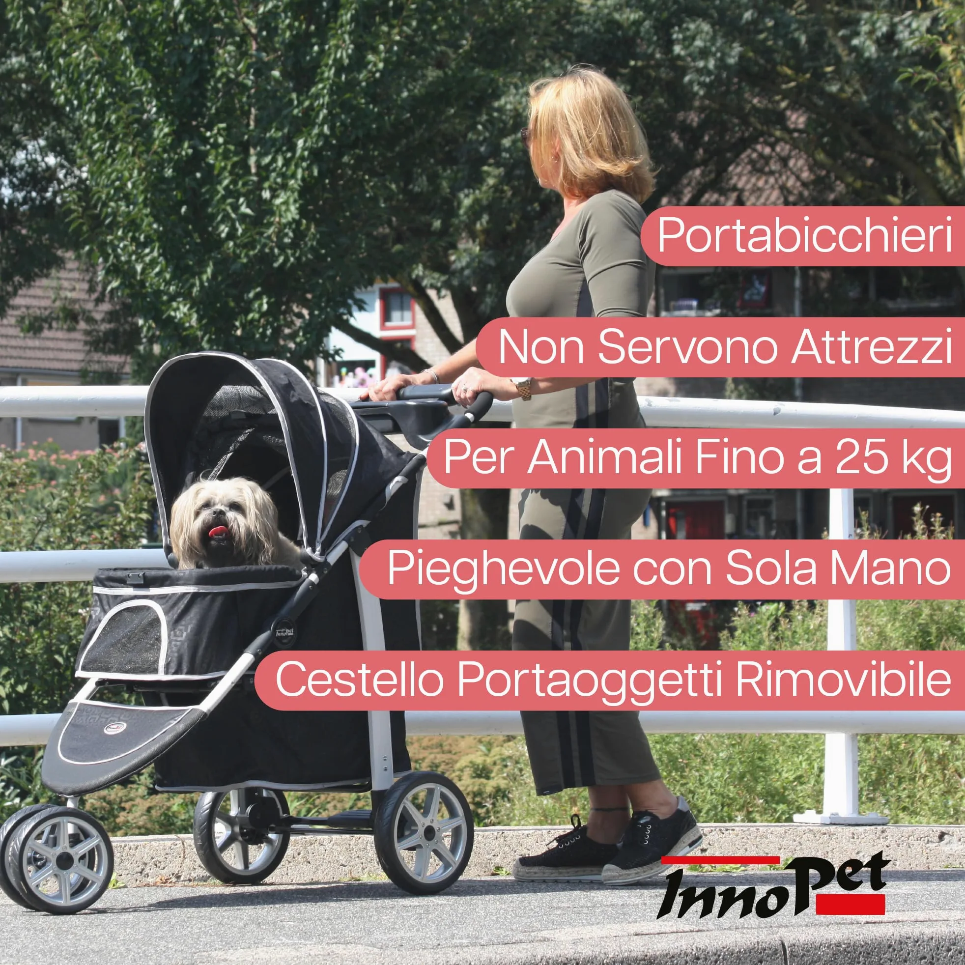 Innopet Monaco Passeggino per cani e gatti nero con copertura antipioggia, capacità 25 kg, pieghevole con una sola mano - Cestino portaoggetti convertibile - Cuscino double face