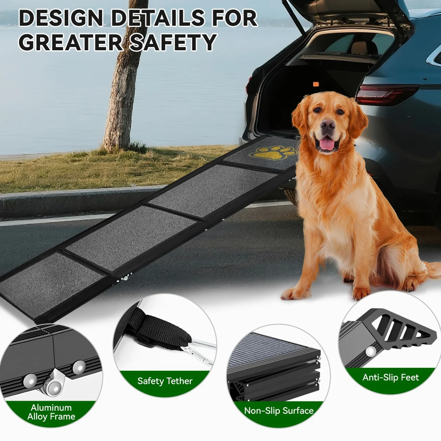 Rampa per Cani Auto Pieghevole 170 x 50 cm Grigio, con Superficie in Moquette Antiscivolo, Fino a 70 kg, Leggera in Alluminio per Animali Domestici, per Auto, Camion, SUV e Scale Esterne