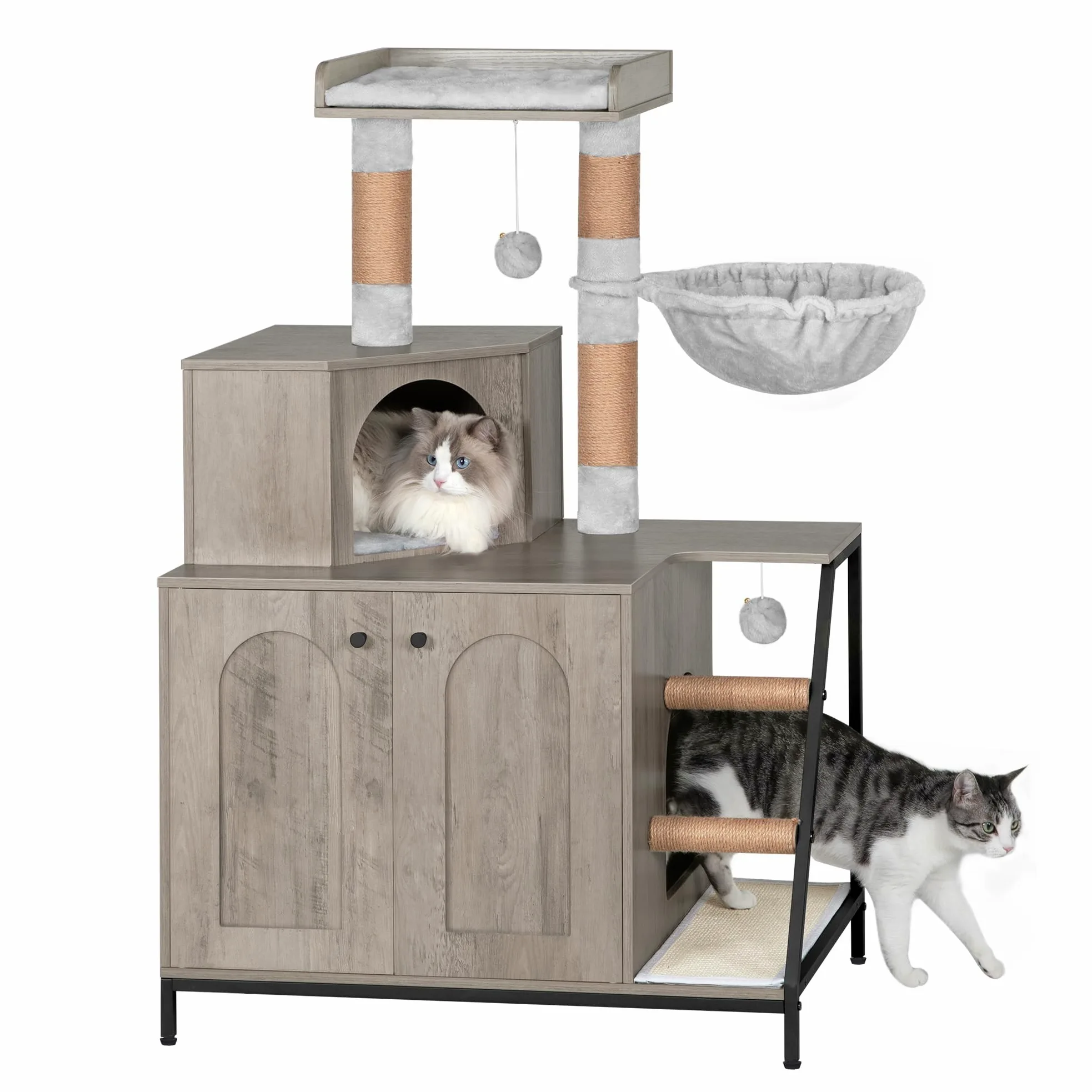 Hzuaneri Mobile Lettiera per Gatti, Cuccia per Gatti 4 in 1 Con Grande Piattaforma, Cuccia per Gatto Con Tappetino Antigraffio in Sisal, Pali, Scale E Pompon, Cuscini Lavabili, Grigio CB81005B
