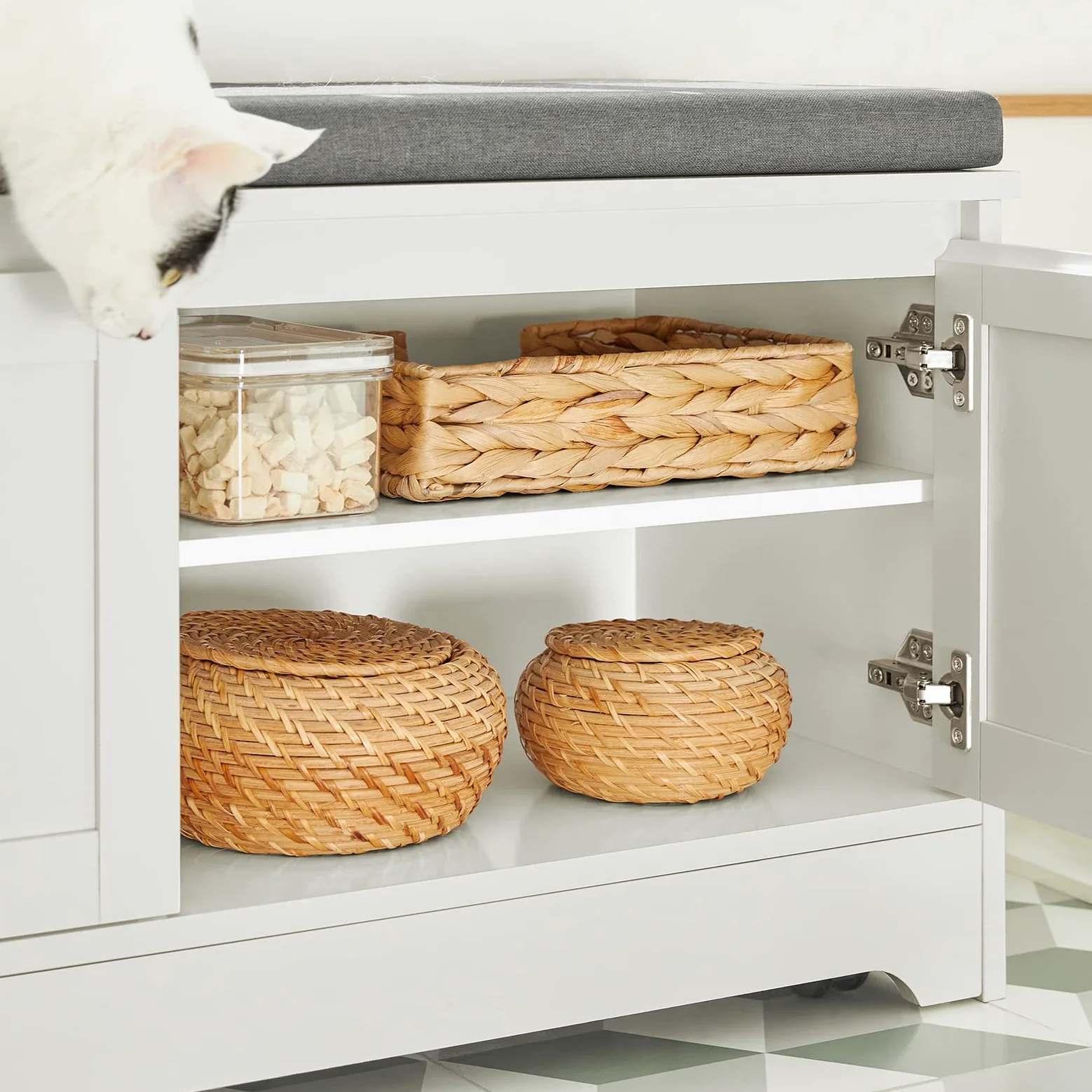 SoBuy Cuccia per gatti con ciotola per gatti in acciaio Inossidabile Panca con seduta Casetta per gatti Bianco 90x36x44cm FSR136-W