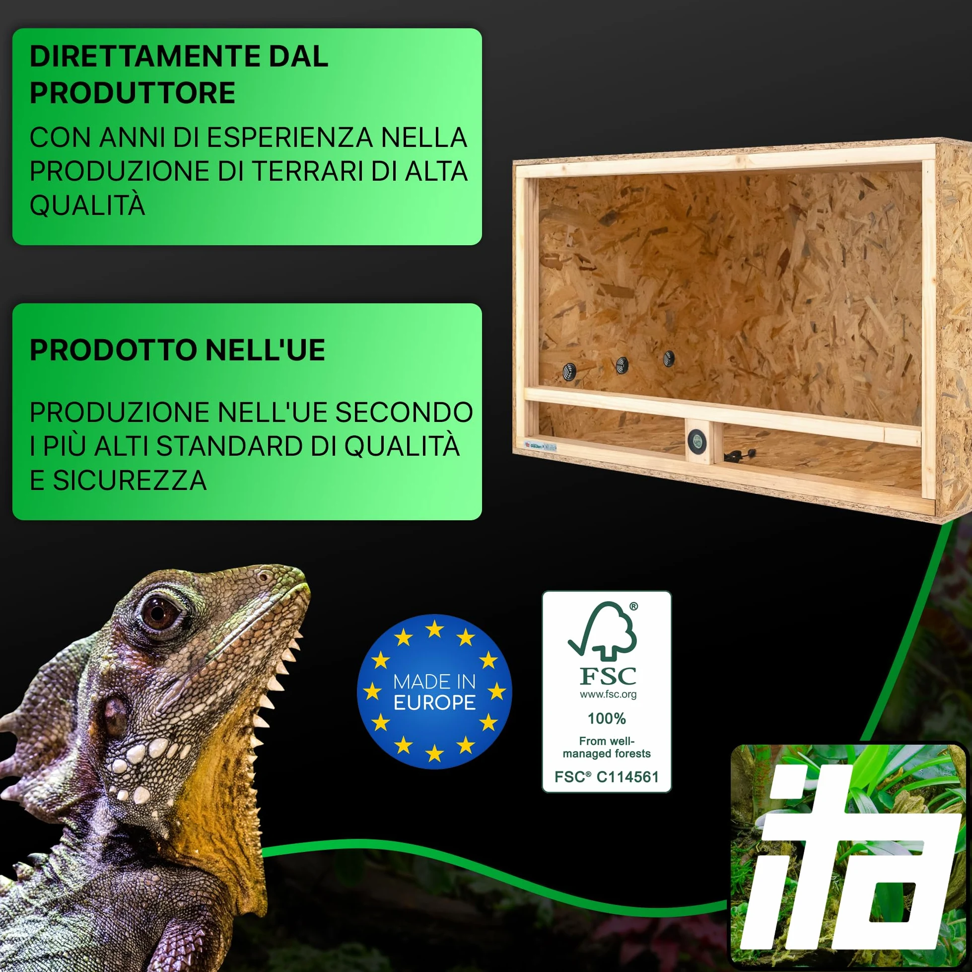 ITA Terrario in legno 120x60x60 cm con ventilazione laterale e igrometro integrato - Terrario in legno OSB-3 - Per rettili, serpenti, anfibi - Prodotto UE, certificato FSC
