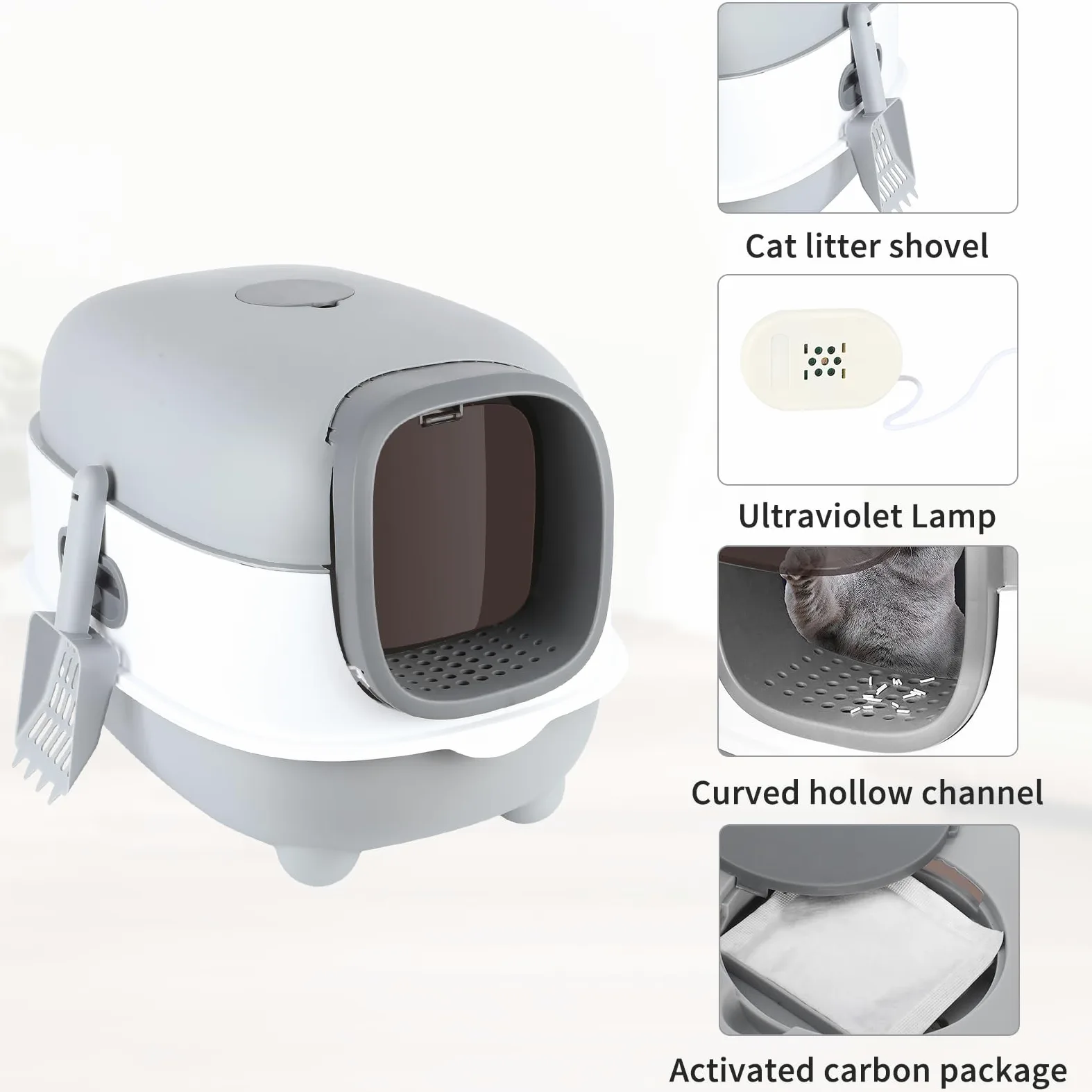 Lettiera per Gatti, Toilette, con Kit di Deodorizzazione & Telecomando di Disinfezione Automatica UV, Funzione Autopulente. (40 * 39 * 56 cm, Grigio)