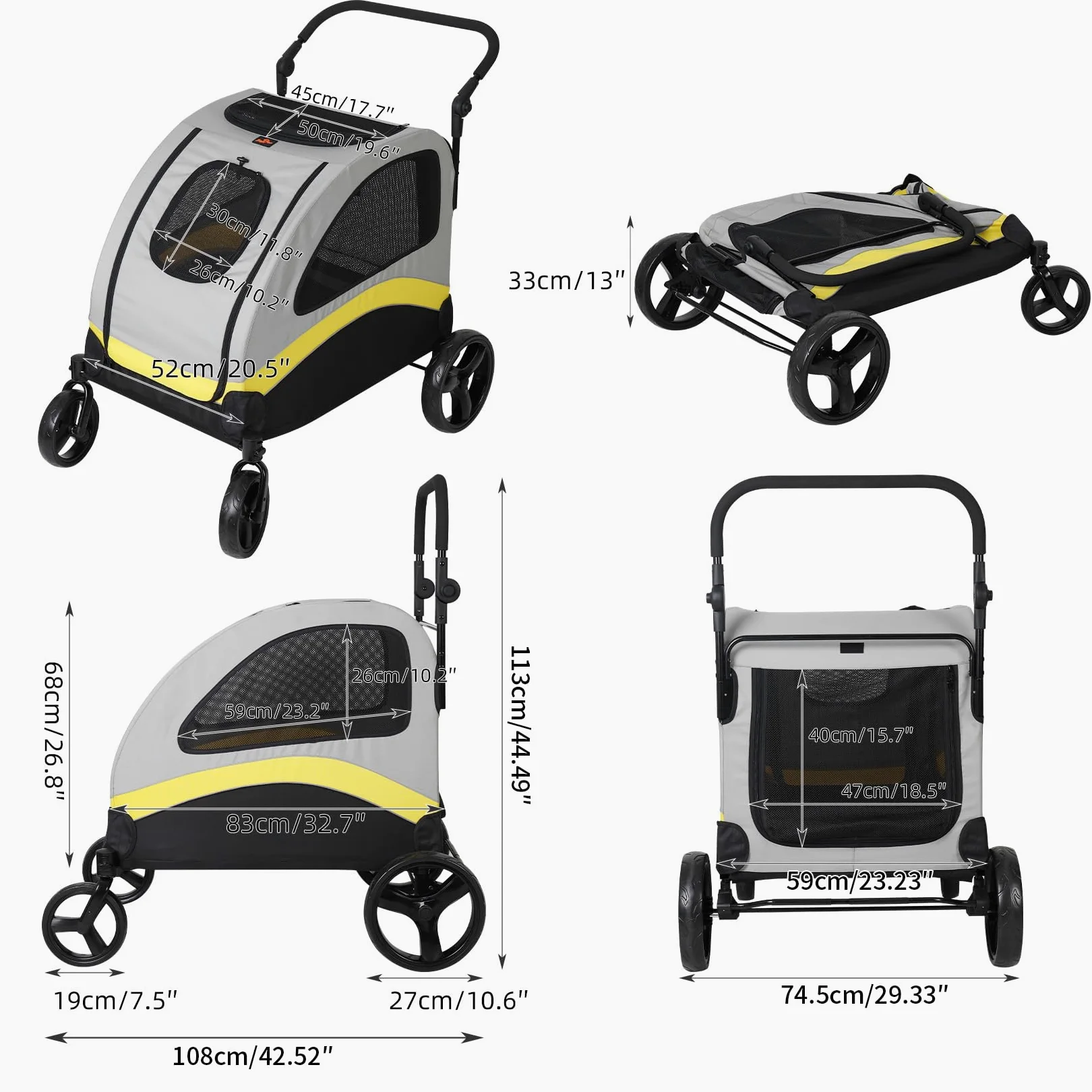 BingoPaw XL Passeggino per cani Grandi 65 kg Passeggino per Animali Domestici Pieghevole, Ruote dei freni per cani, Traspirante, Ammortizzante, Sicuro