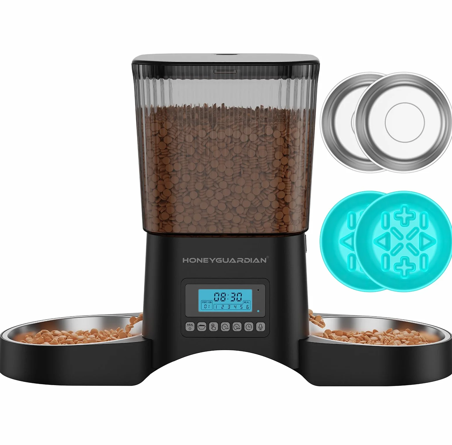 HoneyGuaridan Distributore Automatico Cibo Gatti con Programmable Timer | 3.5L dispenser crocchette gatto, 2 ciotole in acciaio inox 304 e 2 ciotole slow feed, 1-6 pasti/giorno, 1-24 porzioni/pasto