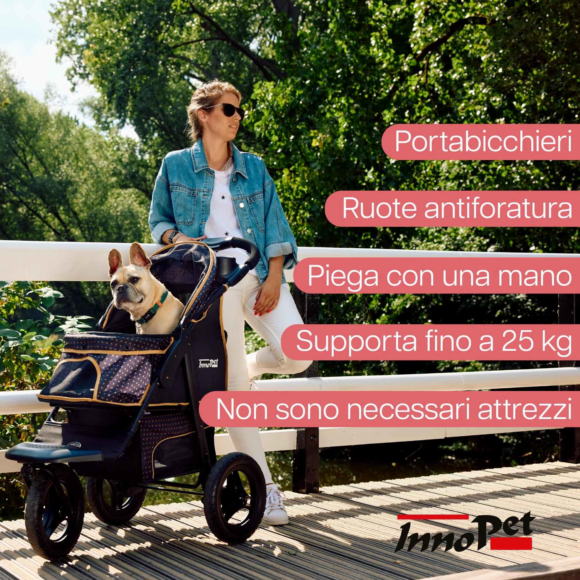 Passeggino Innopet Adventure per cani e gatti, nero/giallo - Passeggino fuoristrada Capacità 30 kg - Ruote antiforatura - Chiusura con una sola mano - Portabicchieri e ampio vano portaoggetti