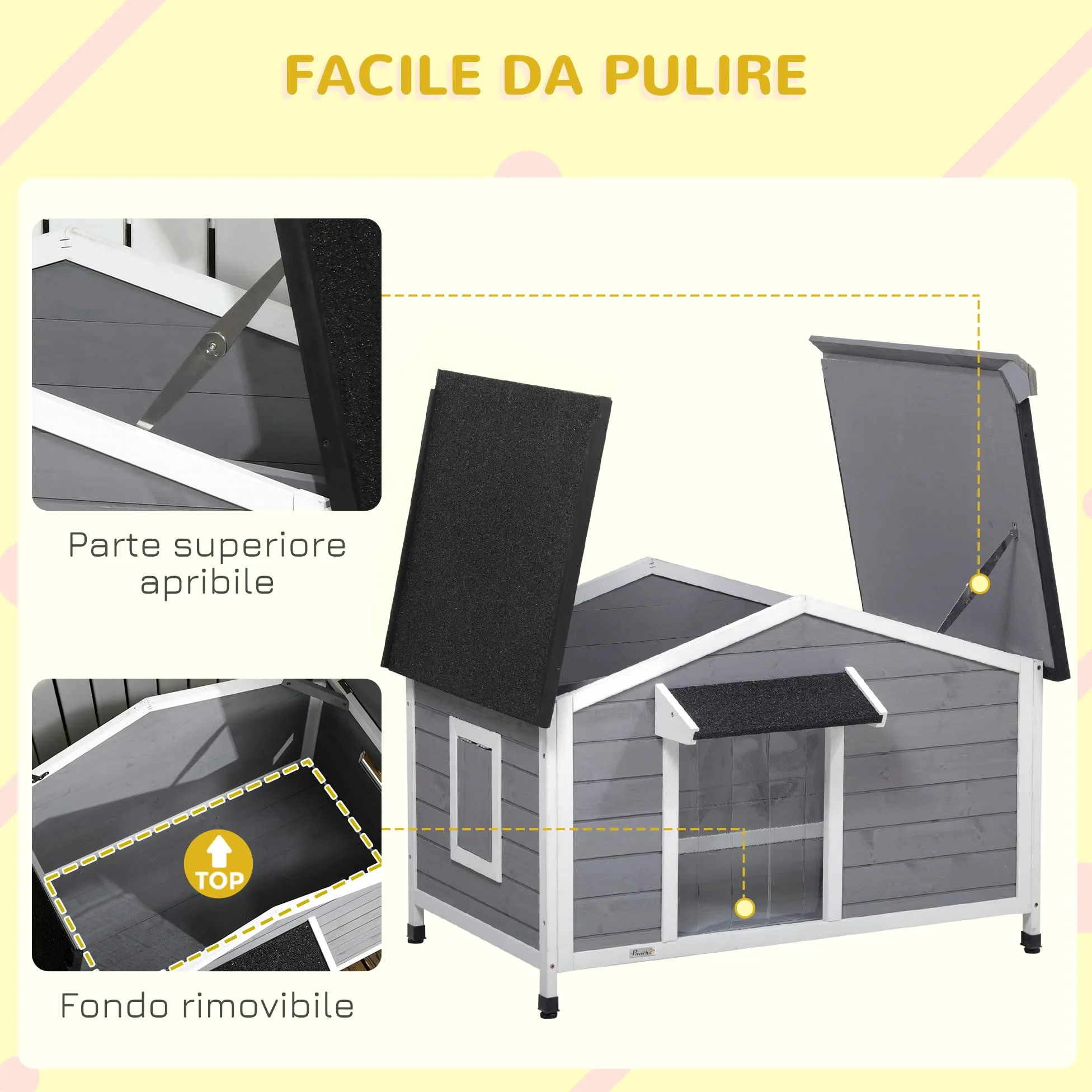 PawHut Casetta per Cani Taglia Piccola e Media in Legno di Abete, Design Rialzato con Tenda Protettiva, 2 Finestre e Fondo Rimovibile, 109x79x72 cm